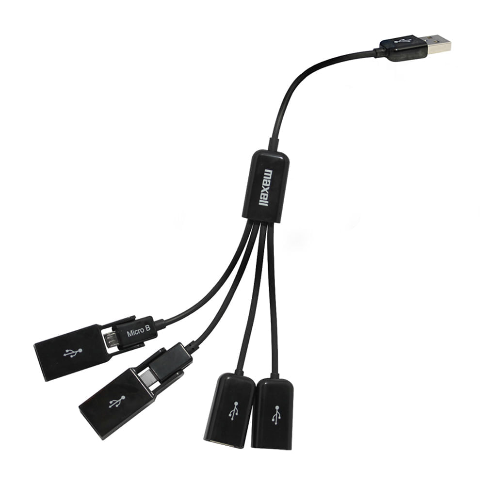 Hub Maxell Flex USB Tipo-C a 4x USB, 2 pueden transformarse en MicroUSB y USB Tipo-C, negro