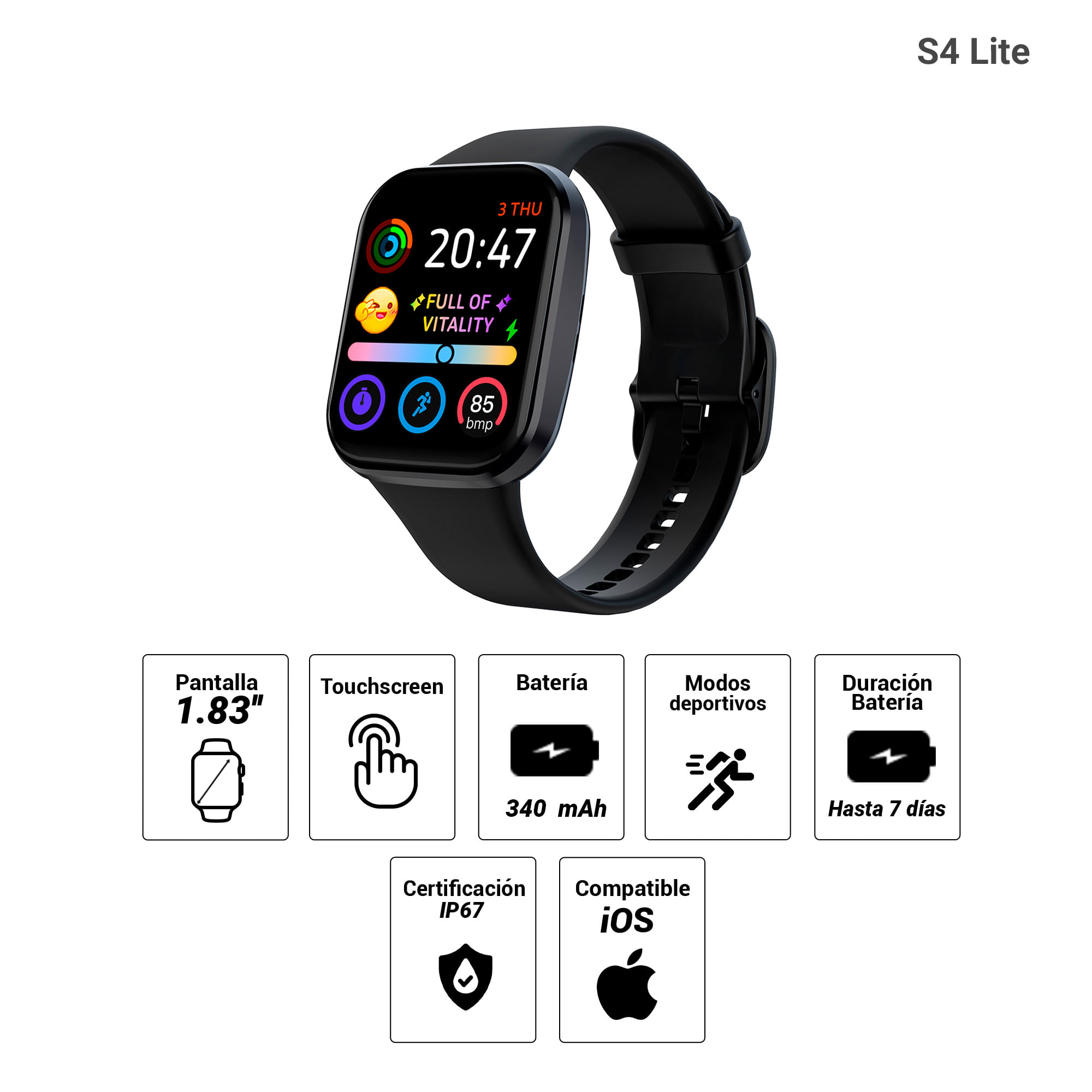 Imagen 2 del producto Smartwatch Roadtrip S4 Lite 1.83''/LCD, resistente al agua IP67, 100 modos deportivos, batería hasta 7 días, negro