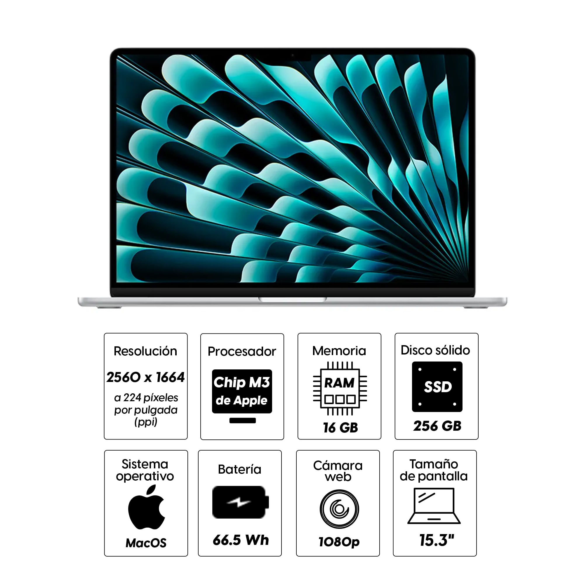 Imagen 2 del producto MacBook Air Apple 15.3"" Chip M3, 256GB SSD, 16GB RAM, 10GPU, macOS, silver