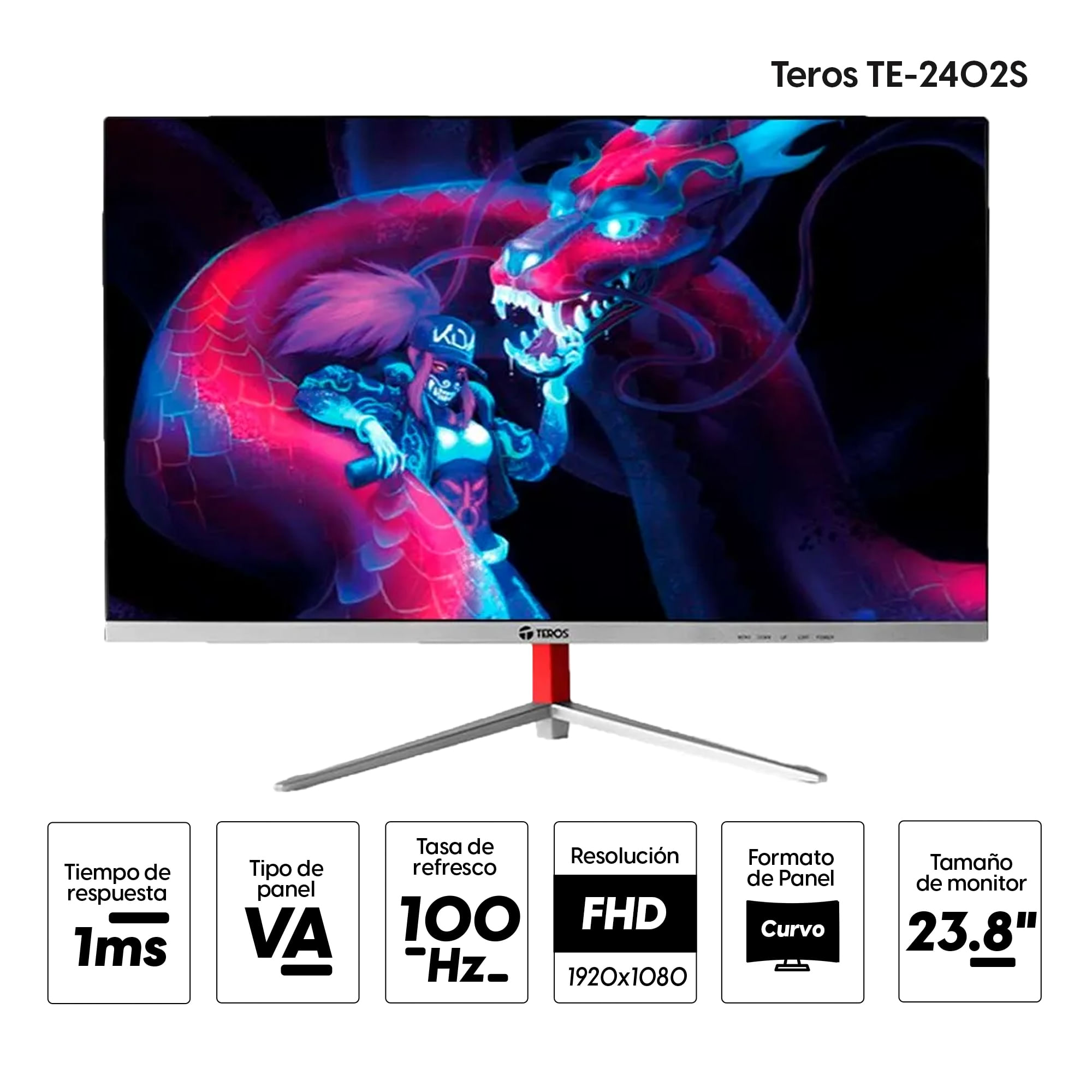 Imagen 2 del producto Monitor curvo 23.8"" Teros TE-2402S Panel VA, FHD(1920 x 1080), 100 Hz, 1ms, entradas HDMI/VGA