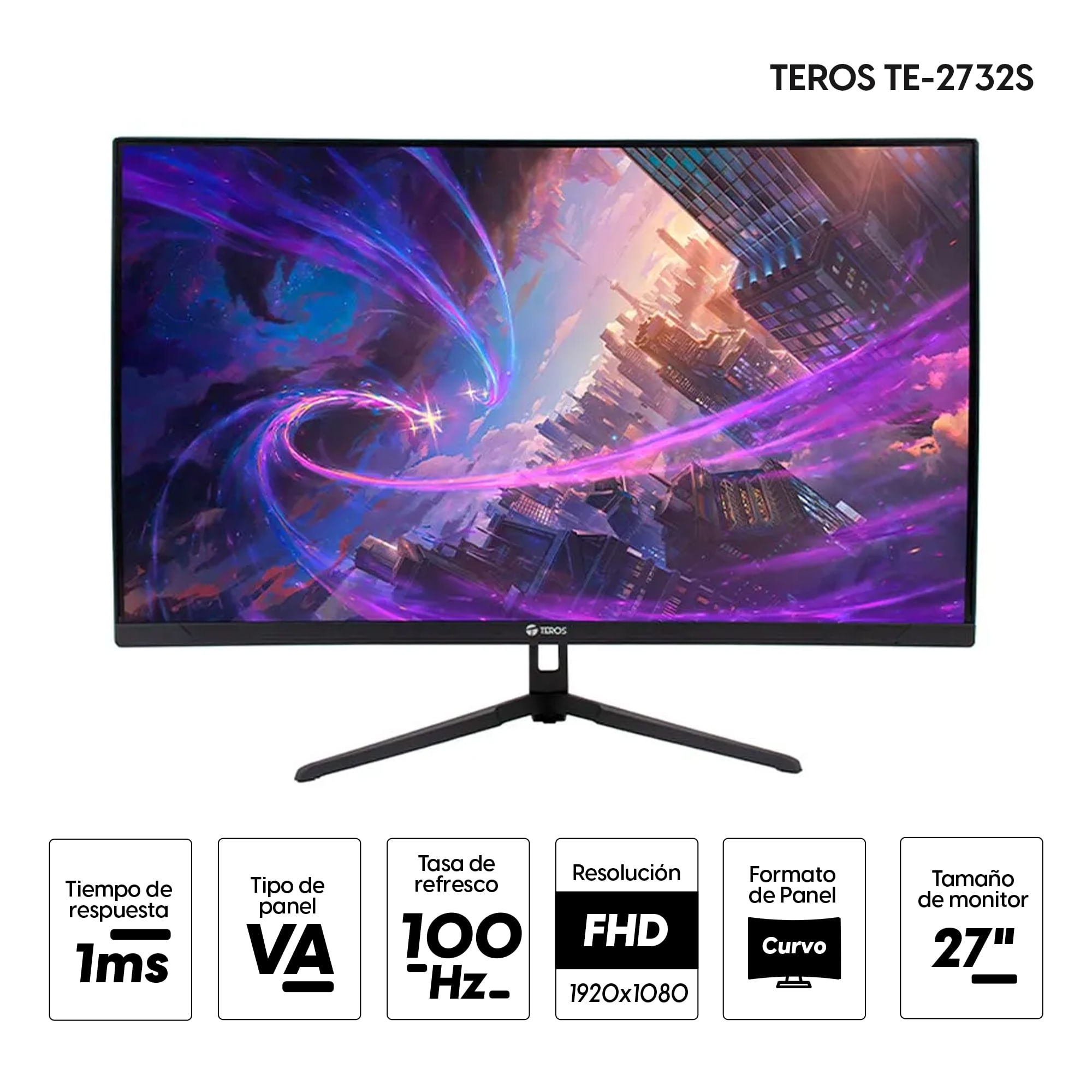 Imagen 2 del producto Monitor curvo 27"" Teros TE-2732S Panel VA, FHD(1920 x 1080), 100 Hz, 1ms, entradas HDMI/ DisplayPort