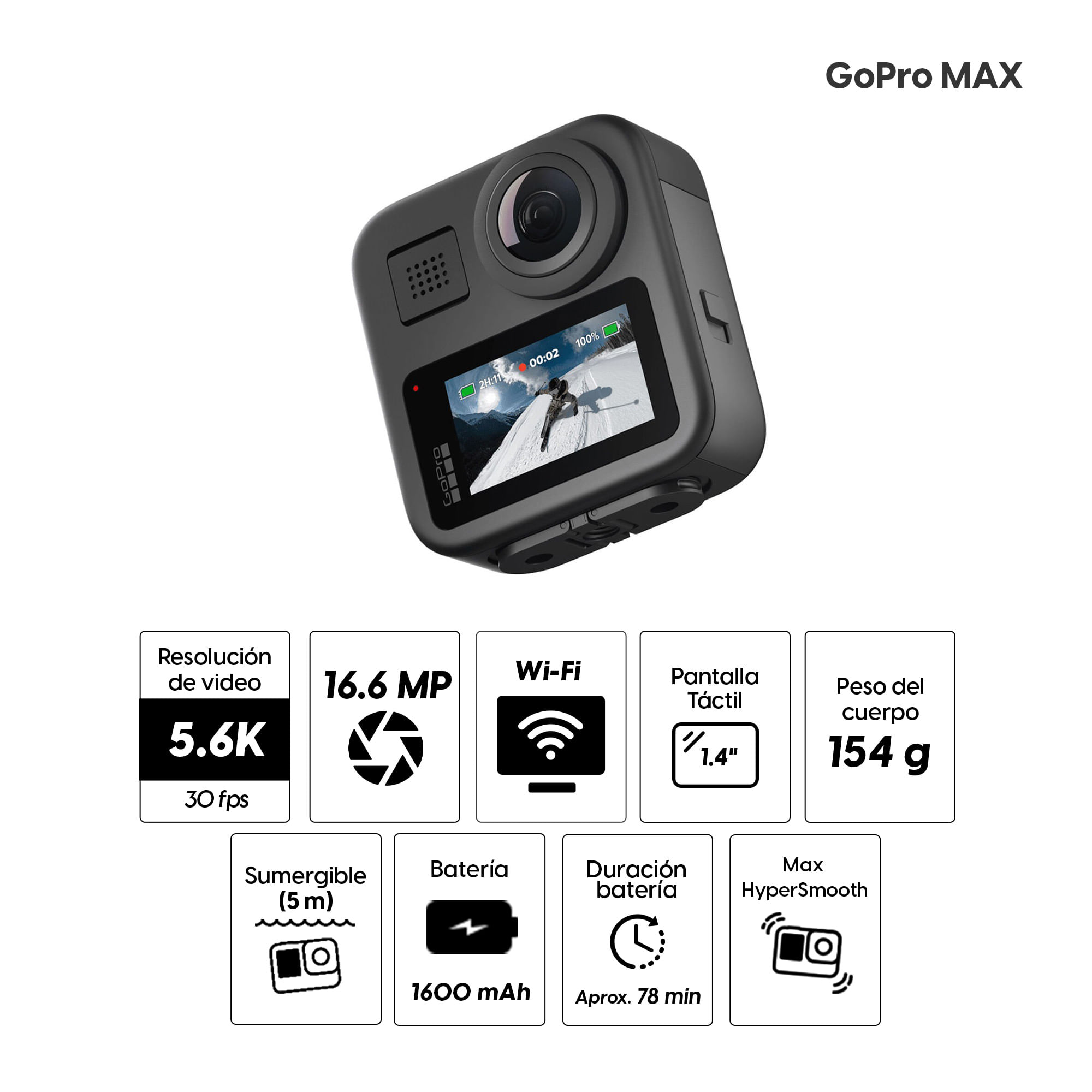 Imagen 2 del producto Cámara de acción GoPro MAX grabación en 5.6K 360°, fotos de 16.6MP, 1600mAh, 78min de batería, Max HyperSmooth, captura envolvente en 360°