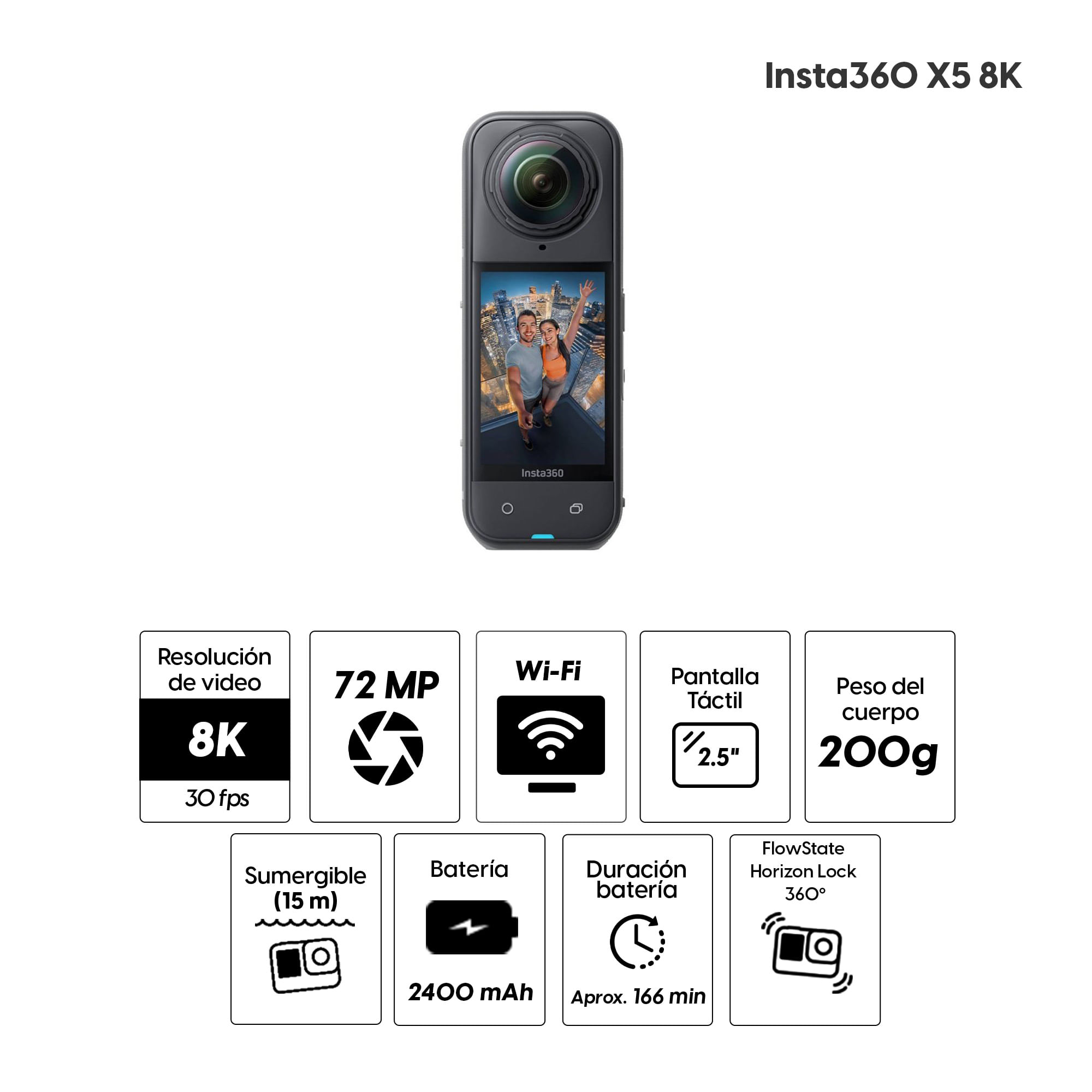 Imagen 2 del producto Cámara de acción Insta360 X5 8K, grabación 360°, estabilización FlowState, resistente al agua, batería de larga duración, negro