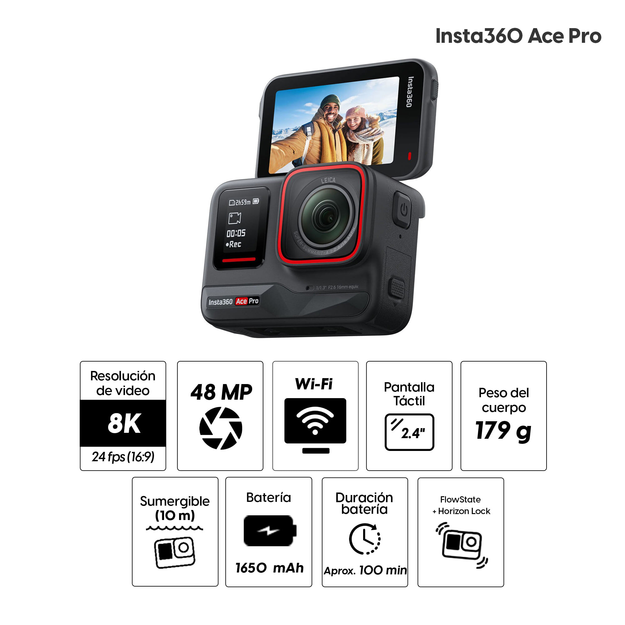 Imagen 2 del producto Cámara de acción Insta360 Ace Pro Standalone codiseñada con Leica grabación en 8K, 48MP, captura activa HDR, pantalla abatible