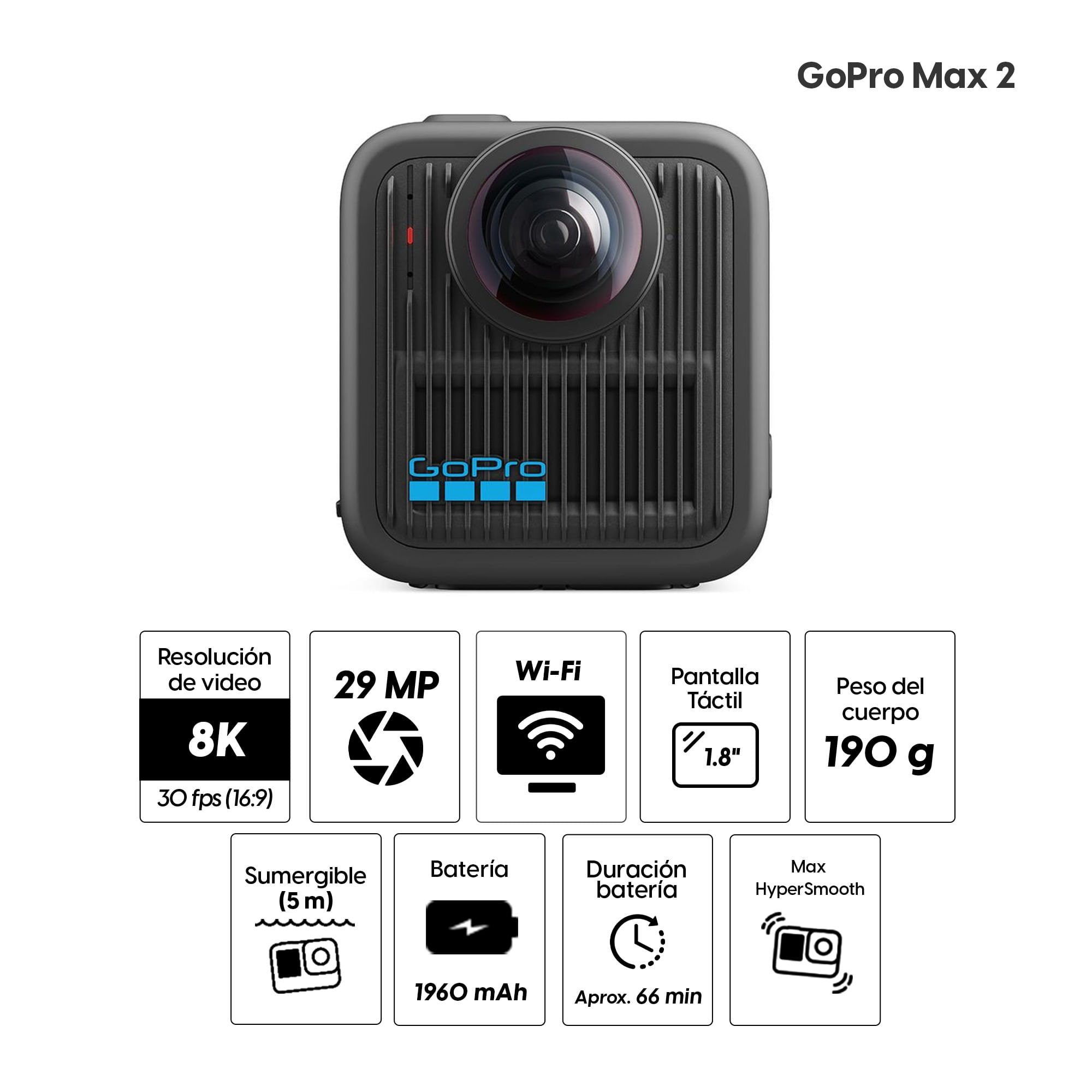 Imagen 2 del producto Cámara de acción GoPro Max 2 360 Black 8k, 29 MP, sumergible 5 metros, 6 micrófonos