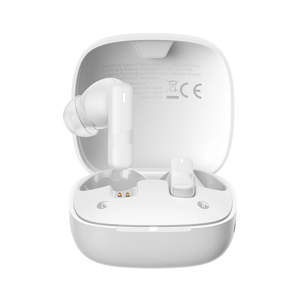 Audífonos bluetooth True Wireless Baseus Bowie E20 resistencia al agua IPX5, con micrófono, duración máx. 33 horas con estuche de carga, blanco