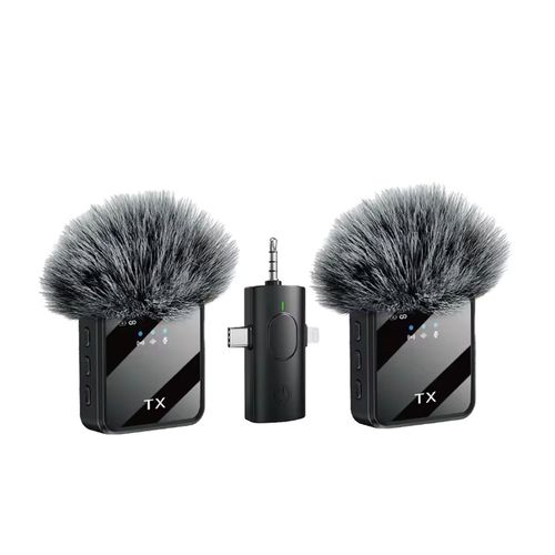 Micrófonos solaperos inalámbricos, dual, 3 en 1, F11-2, USB-C, Lightning, 3.5 mm, recargables, negro