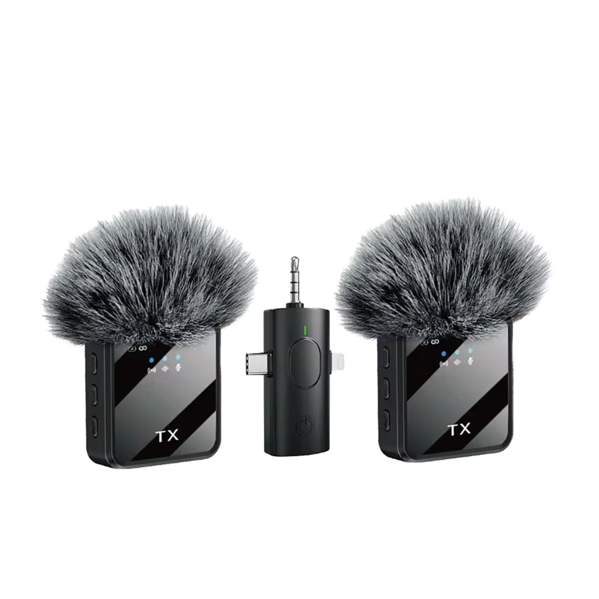 Micrófonos solaperos inalámbricos, dual, 3 en 1, F11-2, USB-C, Lightning, 3.5 mm, recargables, negro