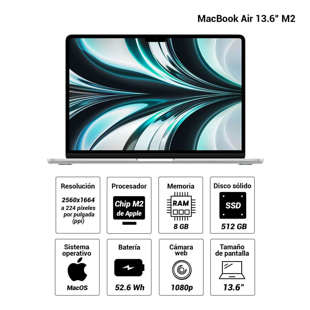 Imagen 2 del producto Reacondicionado: MacBook Air 13.6"" Chip M2, GPU de 10 núcleos, 512GB SSD, 8GB RAM, macOS, silver