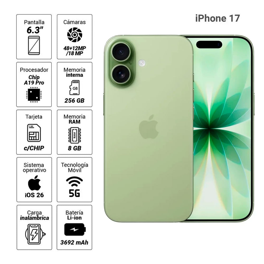 Imagen 2 del producto iPhone 17 5G 256GB, 8GB RAM, cámara trasera 48MP y frontal 18MP, pantalla 6.3"", sage