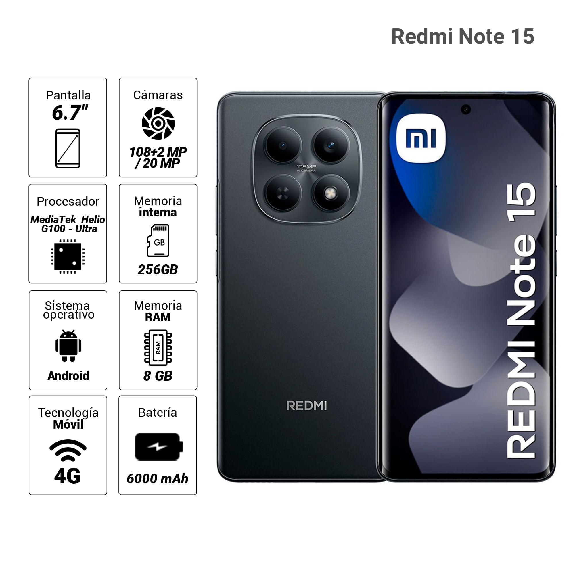 Imagen 2 del producto Celular Xiaomi Redmi Note 15 4G 256GB, 8GB RAM, cámara principal 108MP + 2MP, frontal 20MP, 6.7"", negro