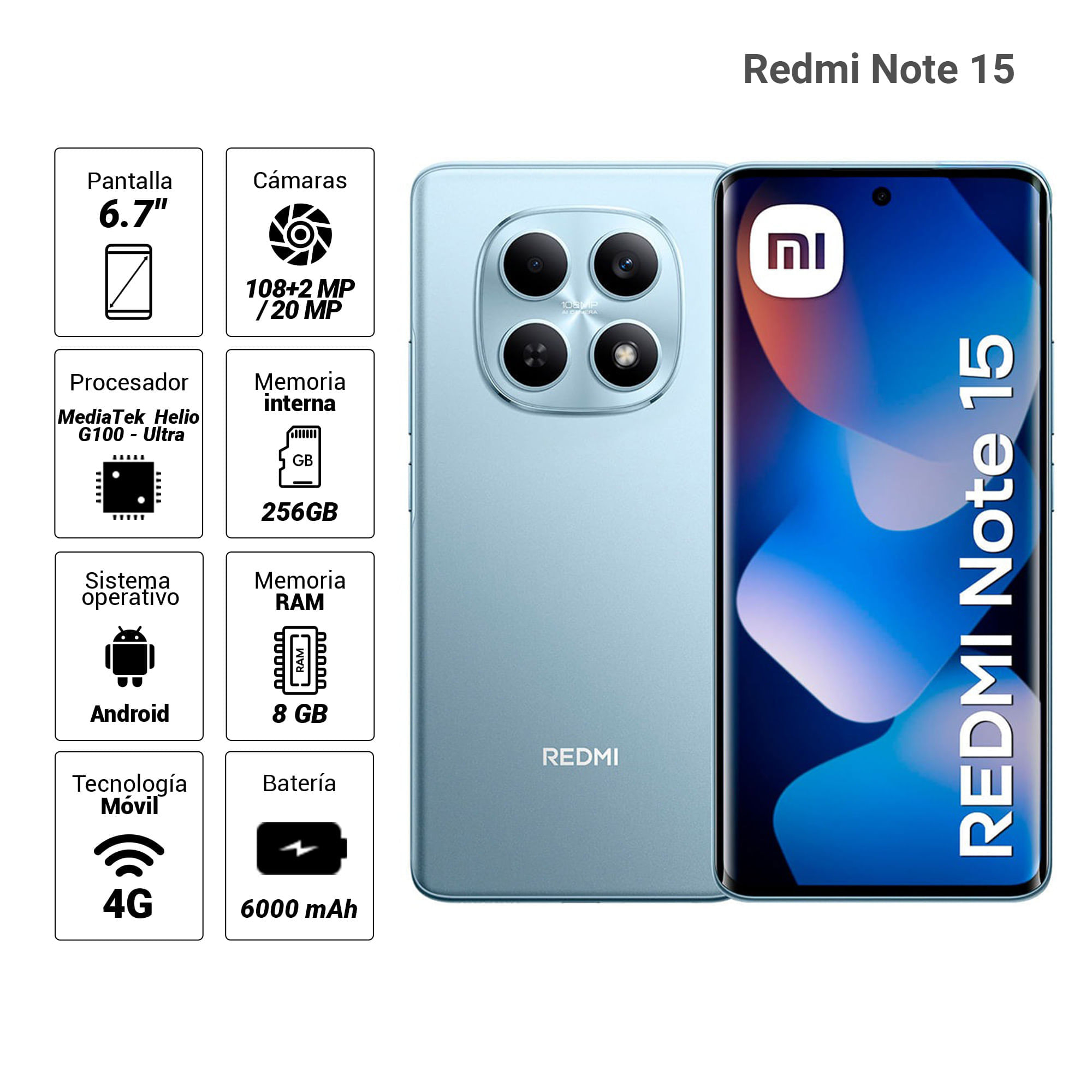 Imagen 2 del producto Celular Xiaomi Redmi Note 15 4G 256GB, 8GB RAM, cámara principal 108MP + 2MP, frontal 20MP, 6.7"", azul glaciar