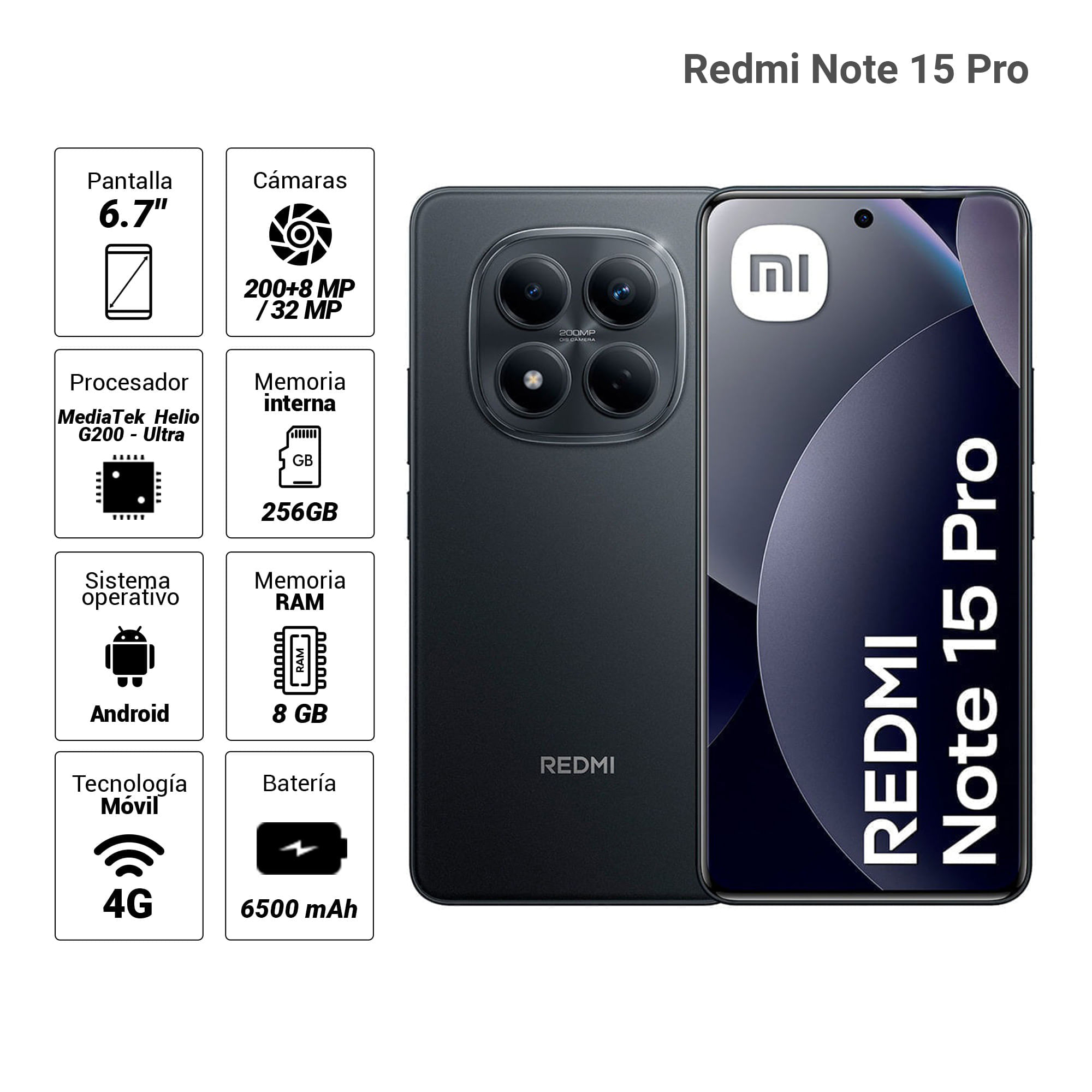 Imagen 2 del producto Celular Xiaomi Redmi Note 15 Pro 4G 256GB, 8GB RAM, cámara principal 200MP + 8MP, frontal 32MP, 6.7"", negro