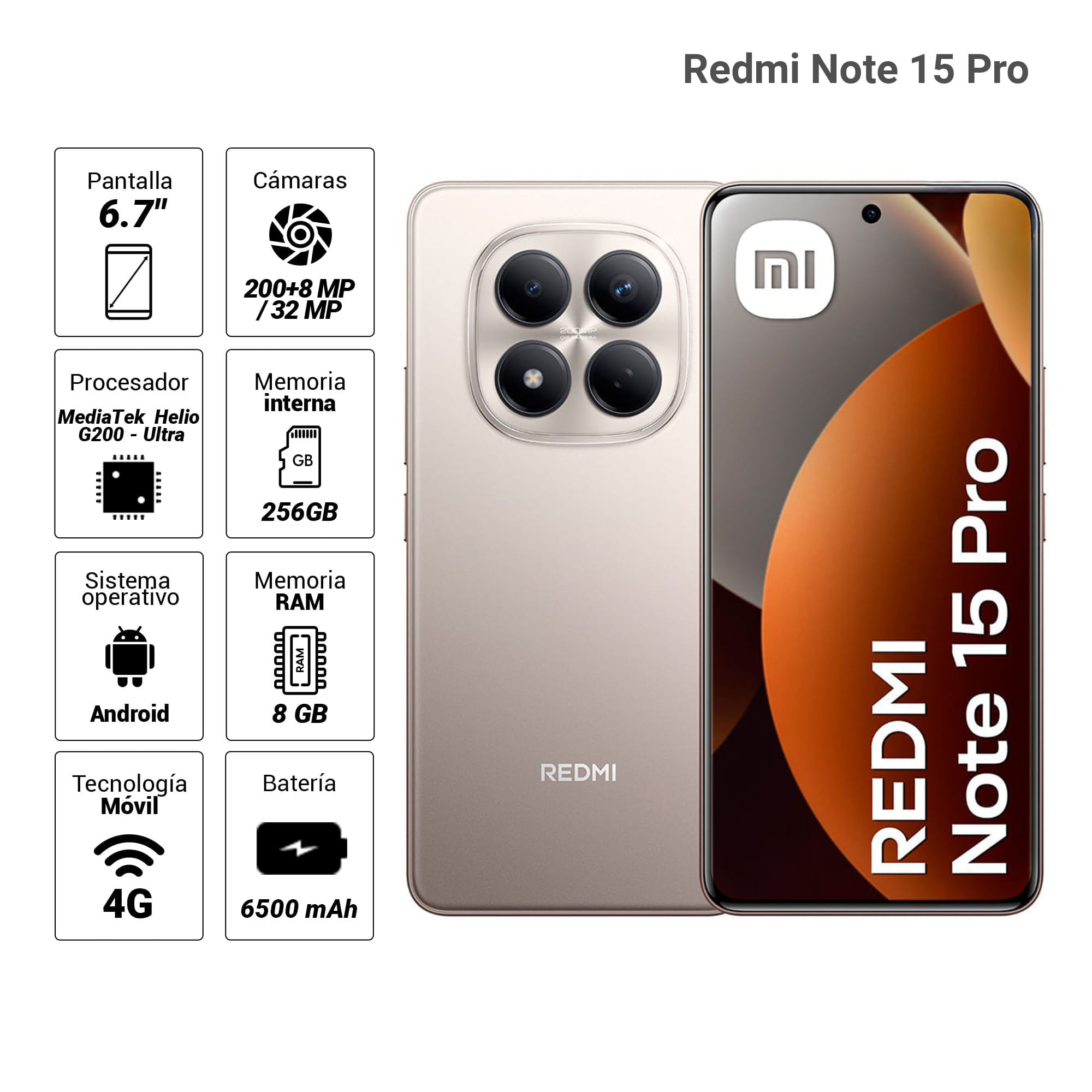 Imagen 2 del producto Celular Xiaomi Redmi Note 15 Pro 4G 256GB, 8GB RAM, cámara trasera 200MP y frontal 32MP, 6.7"", gris titanio