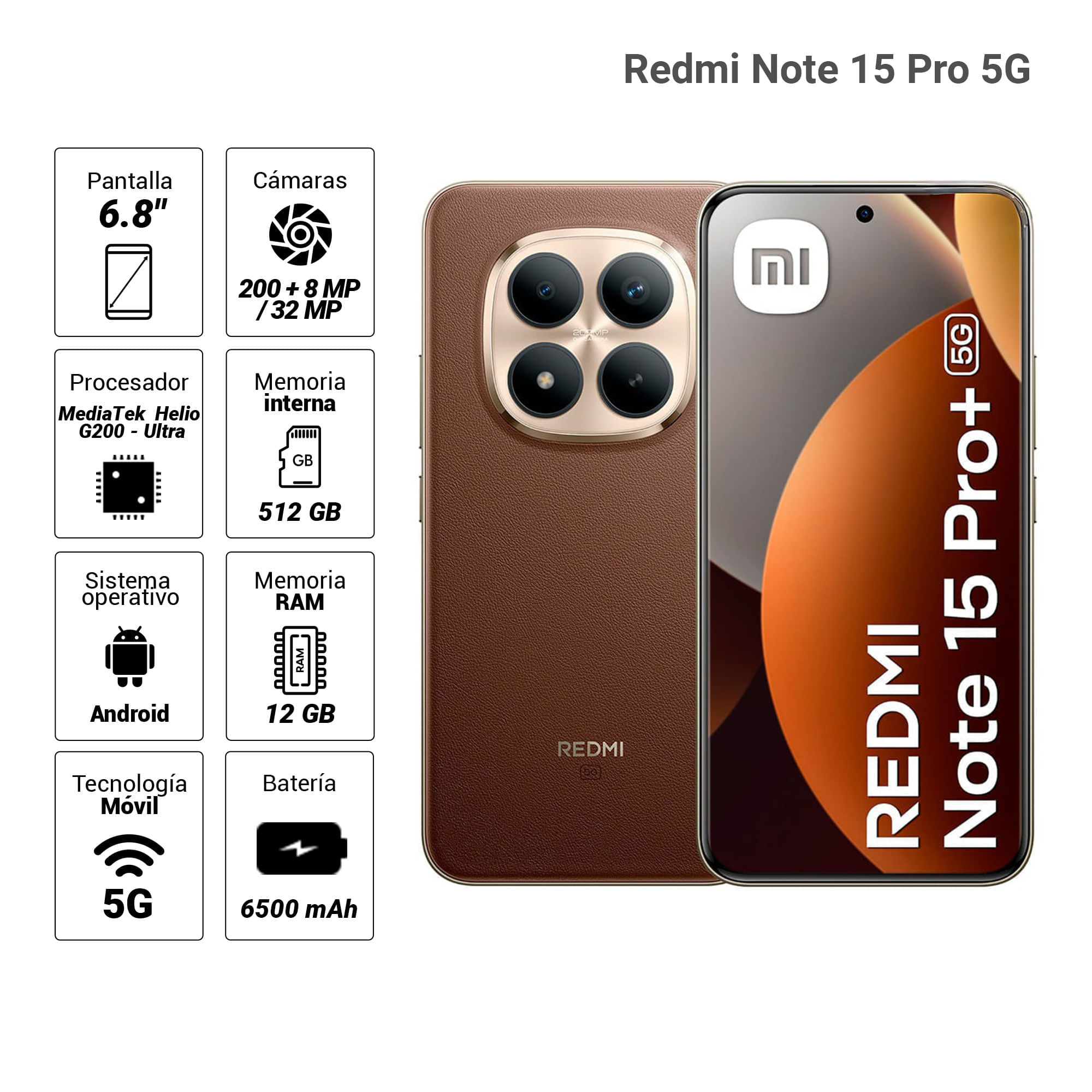 Imagen 2 del producto Celular Xiaomi Redmi Note 15 Pro+ 5G 512GB, 12GB RAM, cámara principal 200MP + 8MP, frontal 32MP, 6.8"", café moca
