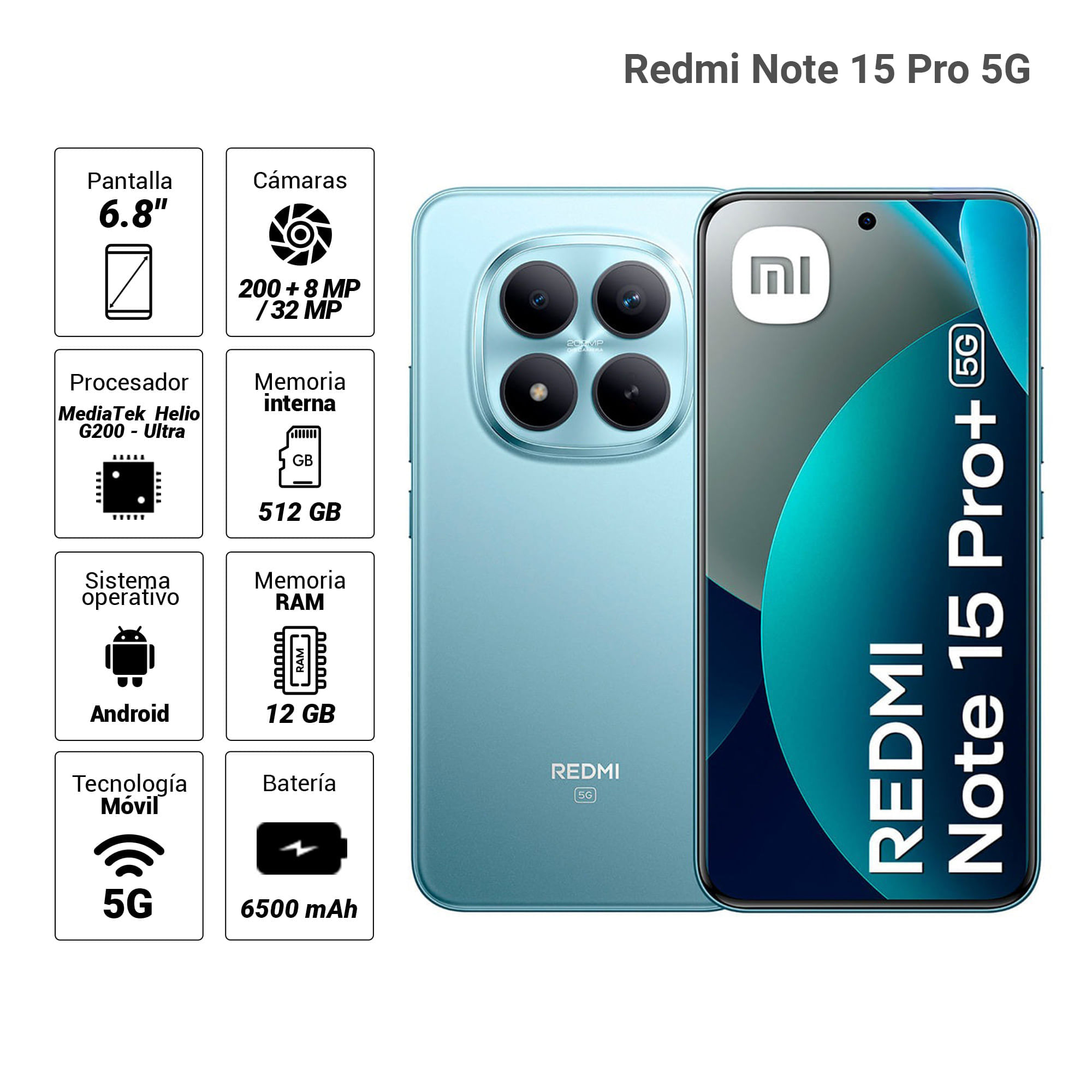 Imagen 2 del producto Celular Xiaomi Redmi Note 15 Pro+ 5G 512GB, 12GB RAM, cámara principal 200MP + 8MP, frontal 32MP, 6.8"", azul