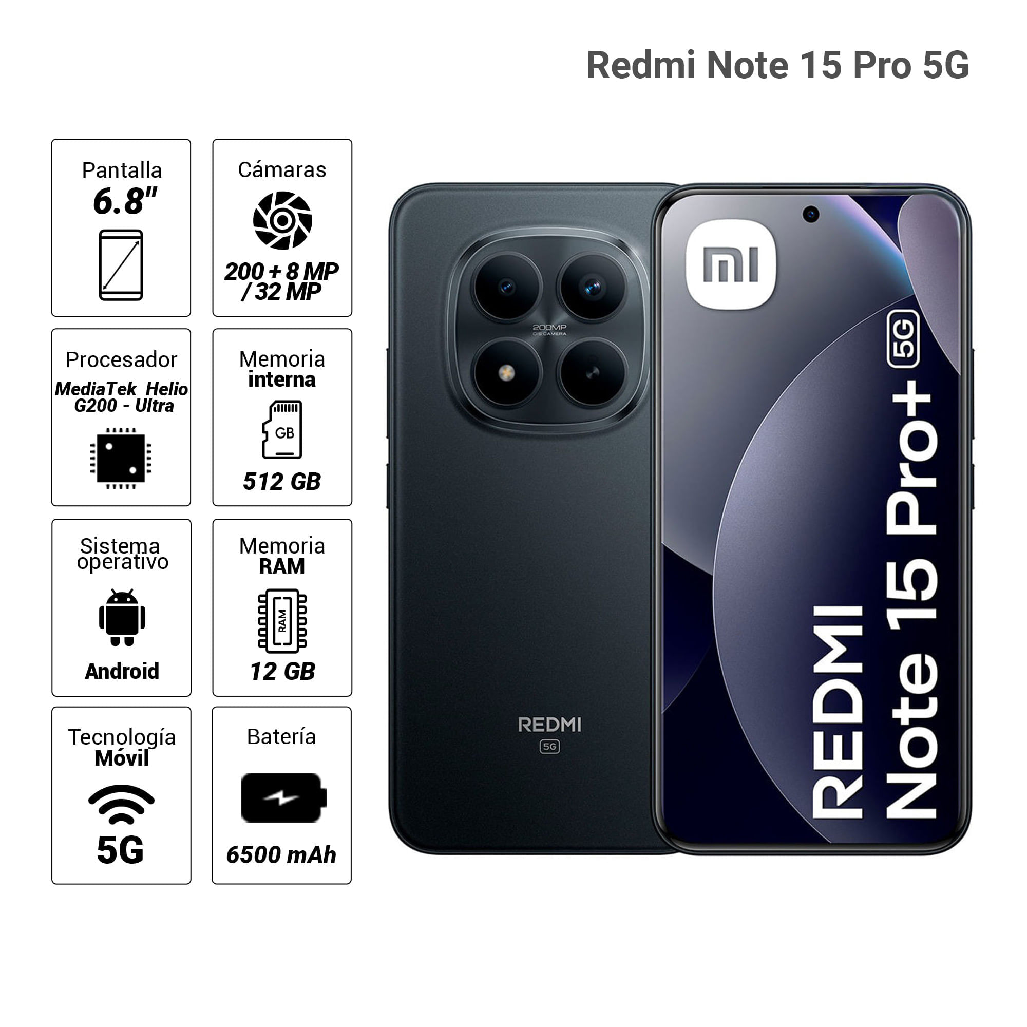 Imagen 2 del producto Celular Xiaomi Redmi Note 15 Pro+ 5G 512GB, 12GB RAM, cámara principal 200MP + 8MP, frontal 32MP, 6.8"", negro
