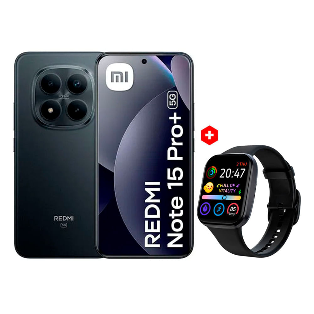 Celular Redmi Note 15 Pro 5G 512GB 12GB RAM, cámara 200MP y frontal 32MP, pantalla 6.8”, negro + Smartwatch Roadtrip S4 Lite 1.83”