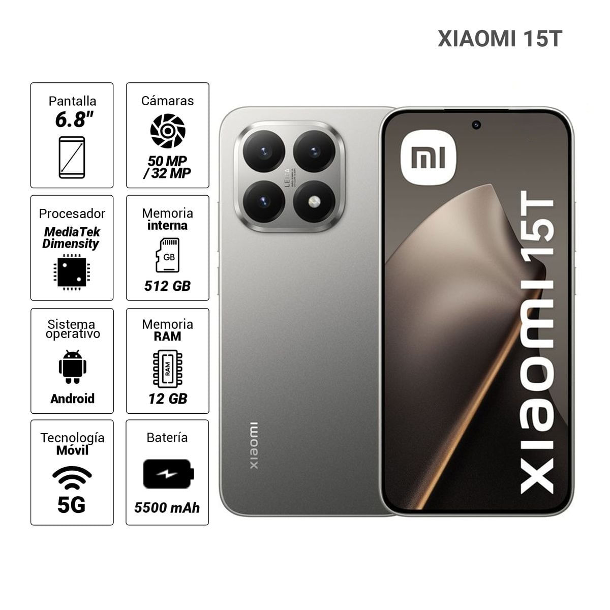 Imagen 2 del producto Celular Xiaomi 15T 5G 512GB, 12GB RAM, Cámara trasera 50MP y Frontal 32MP, 6.83"", gris