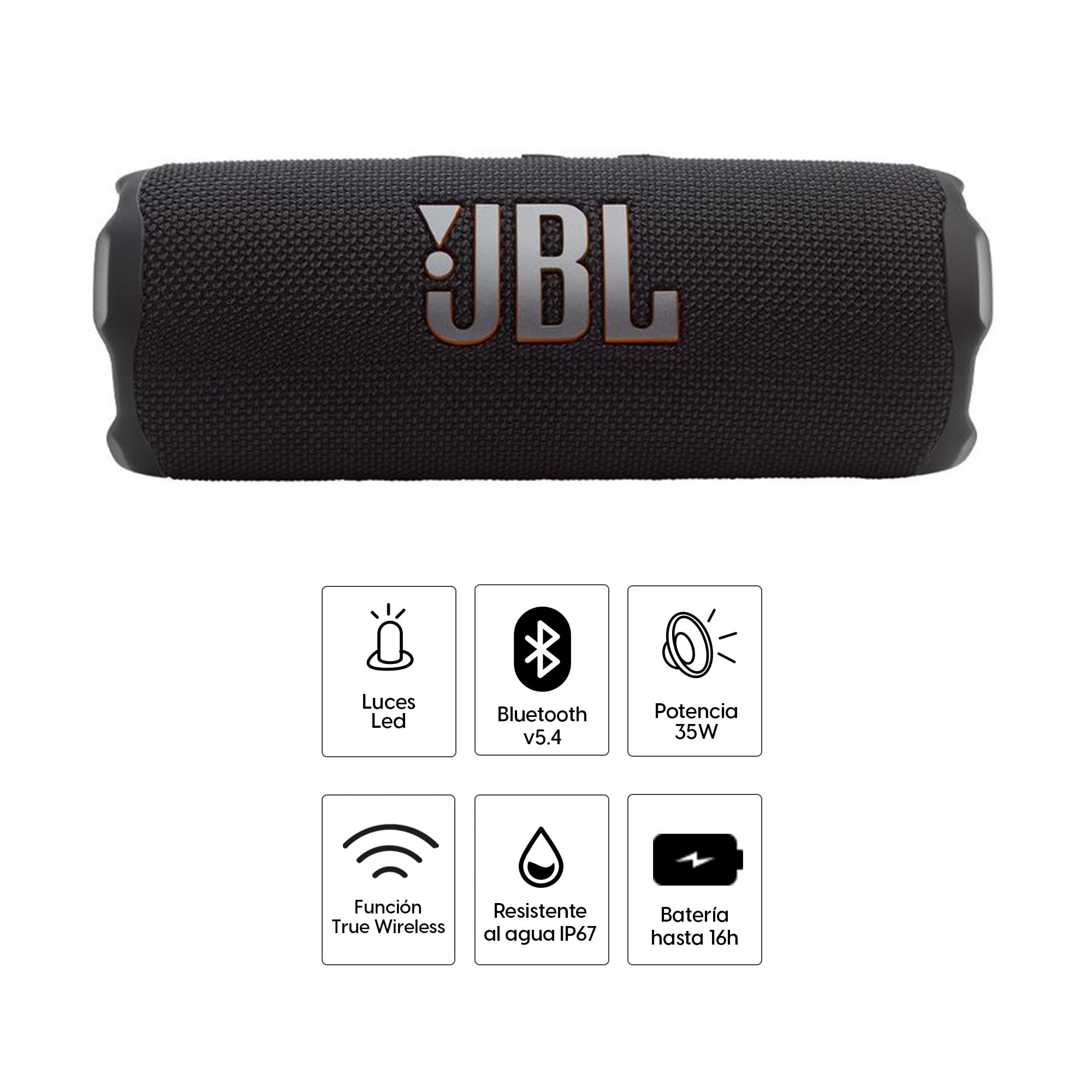 Imagen 2 del producto Parlante bluetooth JBL Flip 7 Auracast, potencia 35W, IA Sound Boost, resistente al agua IP67, hasta 16 horas de reproducción, negro