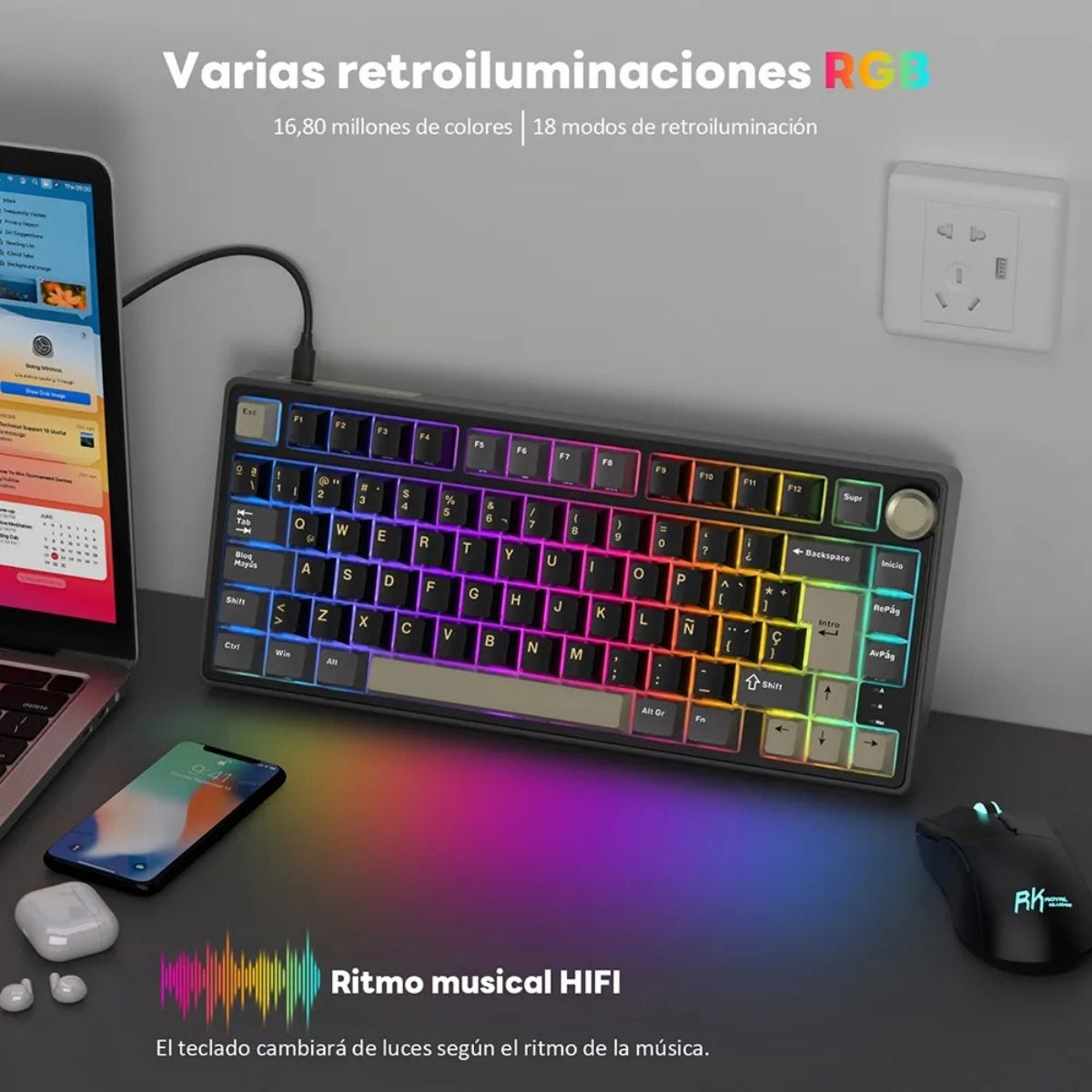 Imagen 2 del producto Teclado gamer alámbrico Royal Kludge R75, conexión USB, mecánico, idioma español, switch brown phantom negro
