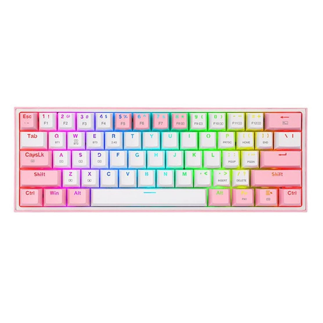 Teclado gamer inalámbrico Redragon Fizz Pro, bluetooth, mecánico, idioma español, blanco y rosado
