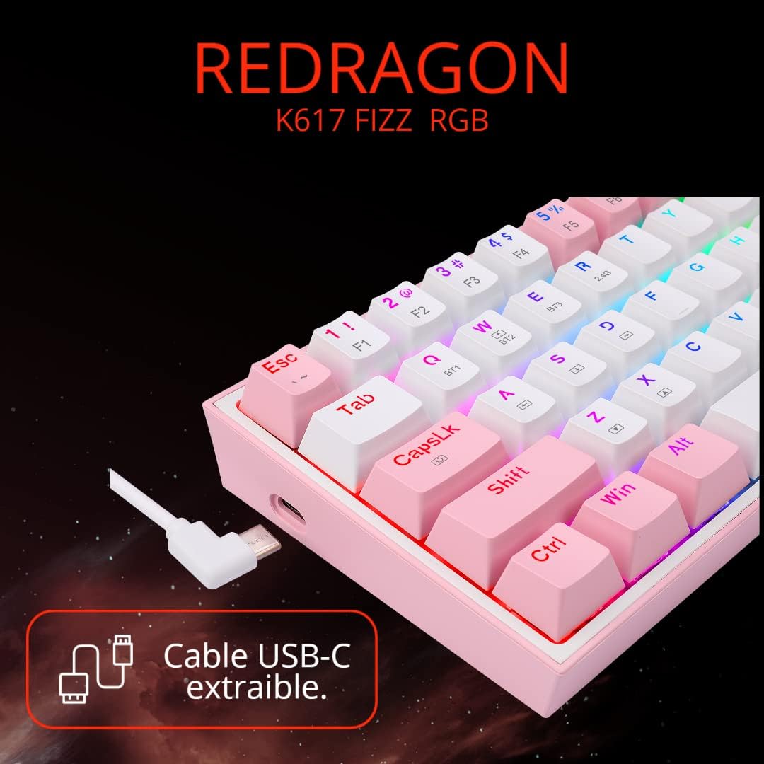 Imagen 2 del producto Teclado gamer inalámbrico Redragon Fizz Pro, bluetooth, mecánico, idioma español, blanco y rosado