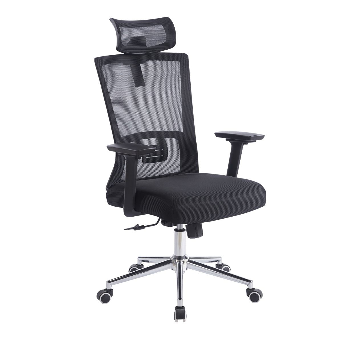 Silla gerencial ergonómica Focus, respaldo de malla, sistema basculante, base cromada, ruedas nailon, negro