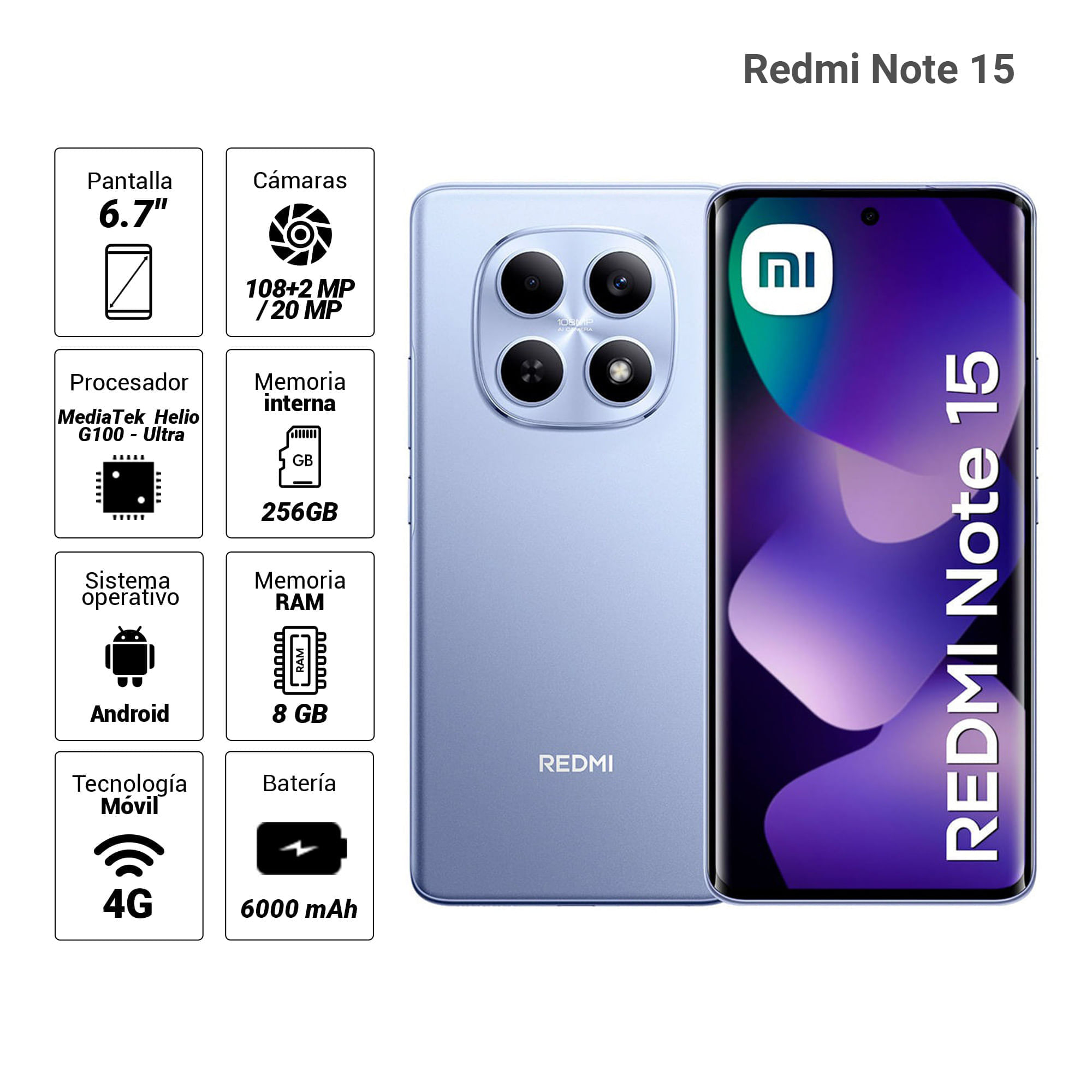 Imagen 2 del producto Celular Xiaomi Redmi Note 15 4G 256GB, 8GB RAM, cámara principal 108MP + 2MP, frontal 20MP, 6.7"", morado