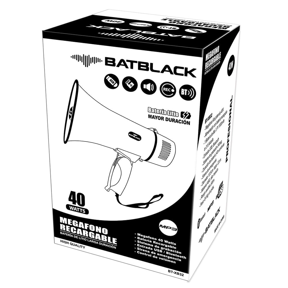 Imagen 2 del producto Megáfono recargable Batblack 40W, bluetooth, Tipo-C, blanco
