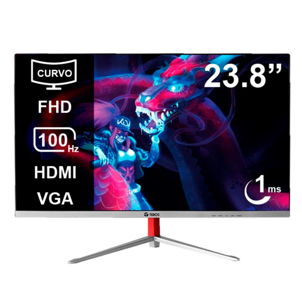 Monitor gamer curvo Teros TE-2402S 23.8", Panel VA, FHD, 100Hz, 1ms, entradas HDMI/VGA