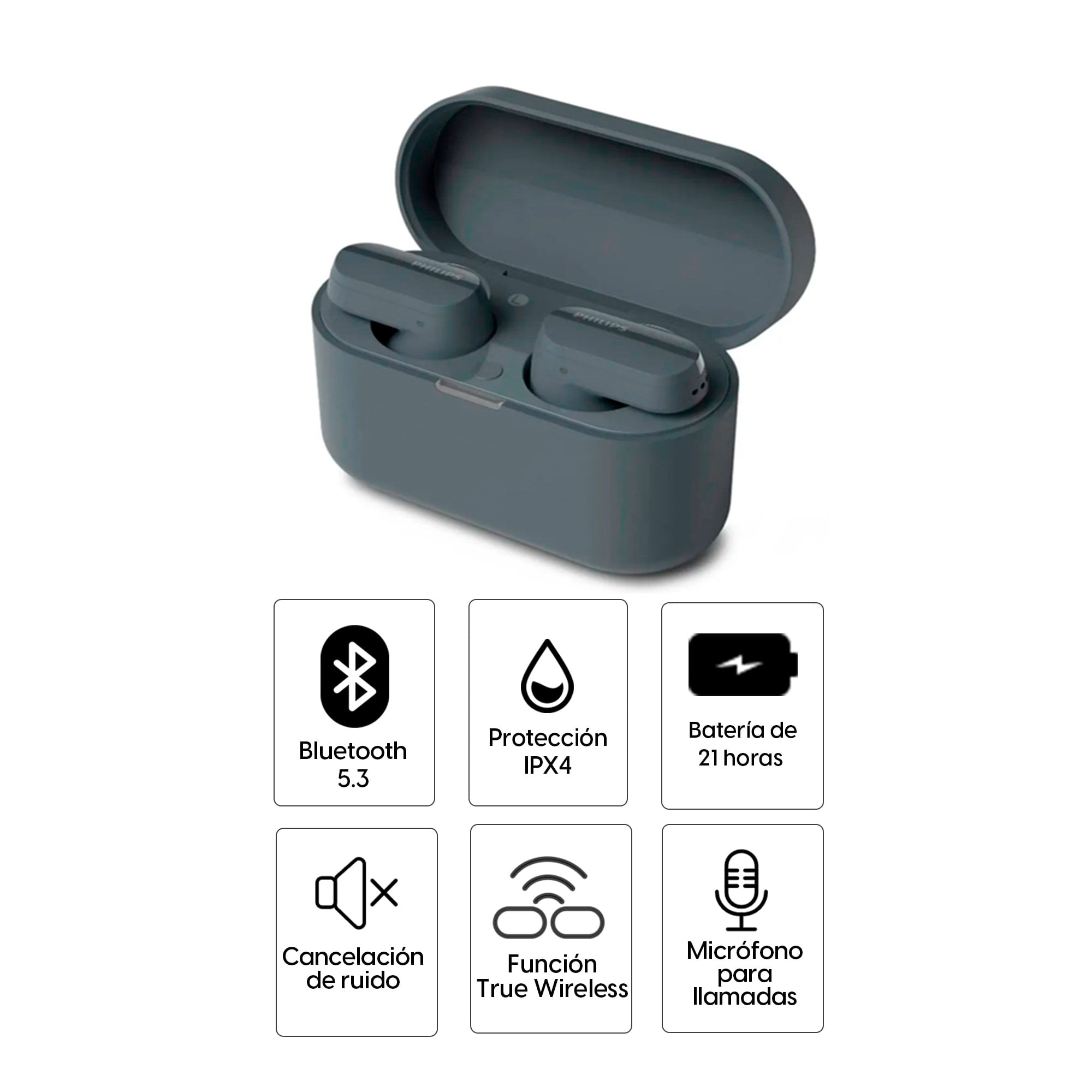 Imagen 2 del producto Audífonos bluetooth True Wireless Philips TAT3508, cancelación de ruido, resistencia al agua IPX4, duración máx. 21 horas con estuche de carga, negro