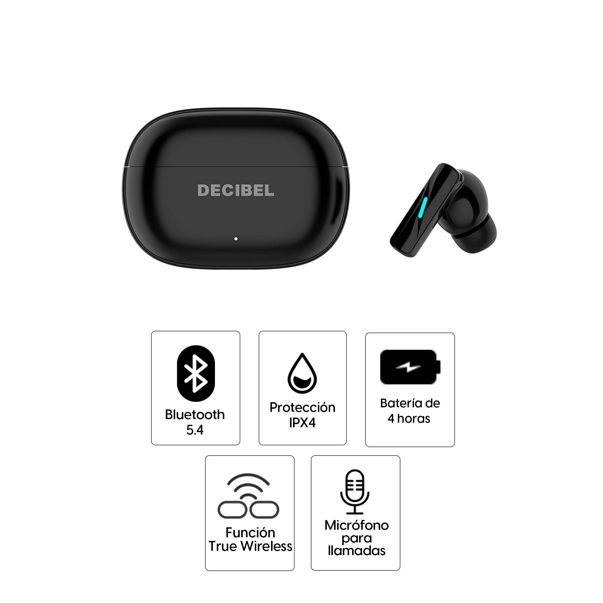 Imagen 2 del producto Audífonos bluetooth True Wireless Decibel Lite, resistencia al agua IPX4, con micrófono, batería 4 horas, con estuche de carga, negro