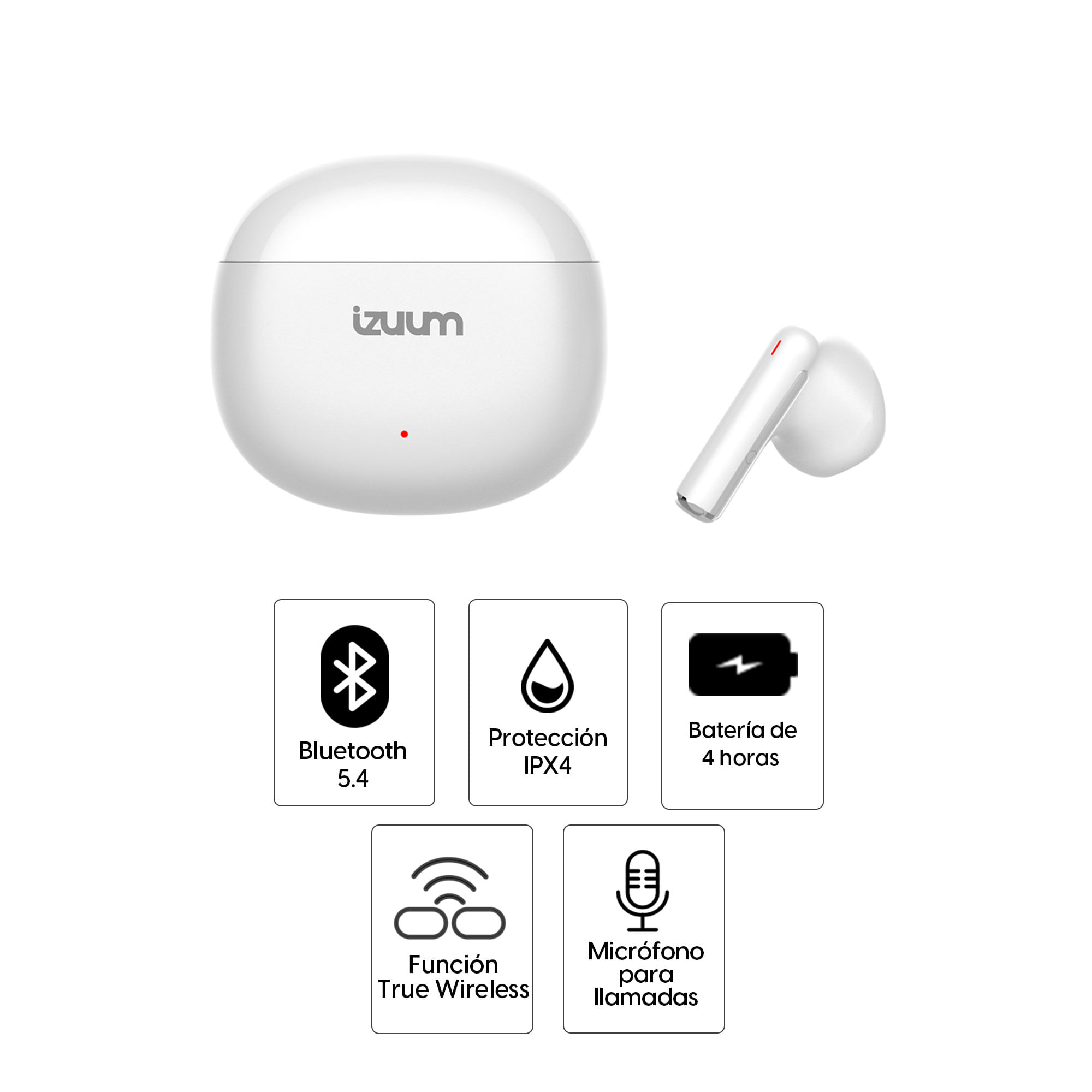 Imagen 2 del producto Audífonos bluetooth True Wireless Izuum Pods, resistencia al agua IPX4, batería 4 horas, con estuche de carga, blanco
