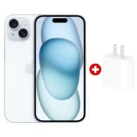 iPhone 15 eSIM 128GB, 6GB RAM, cámara trasera 48MP y frontal 12MP, 6.1"", iOS, sky blue + cargador 20W