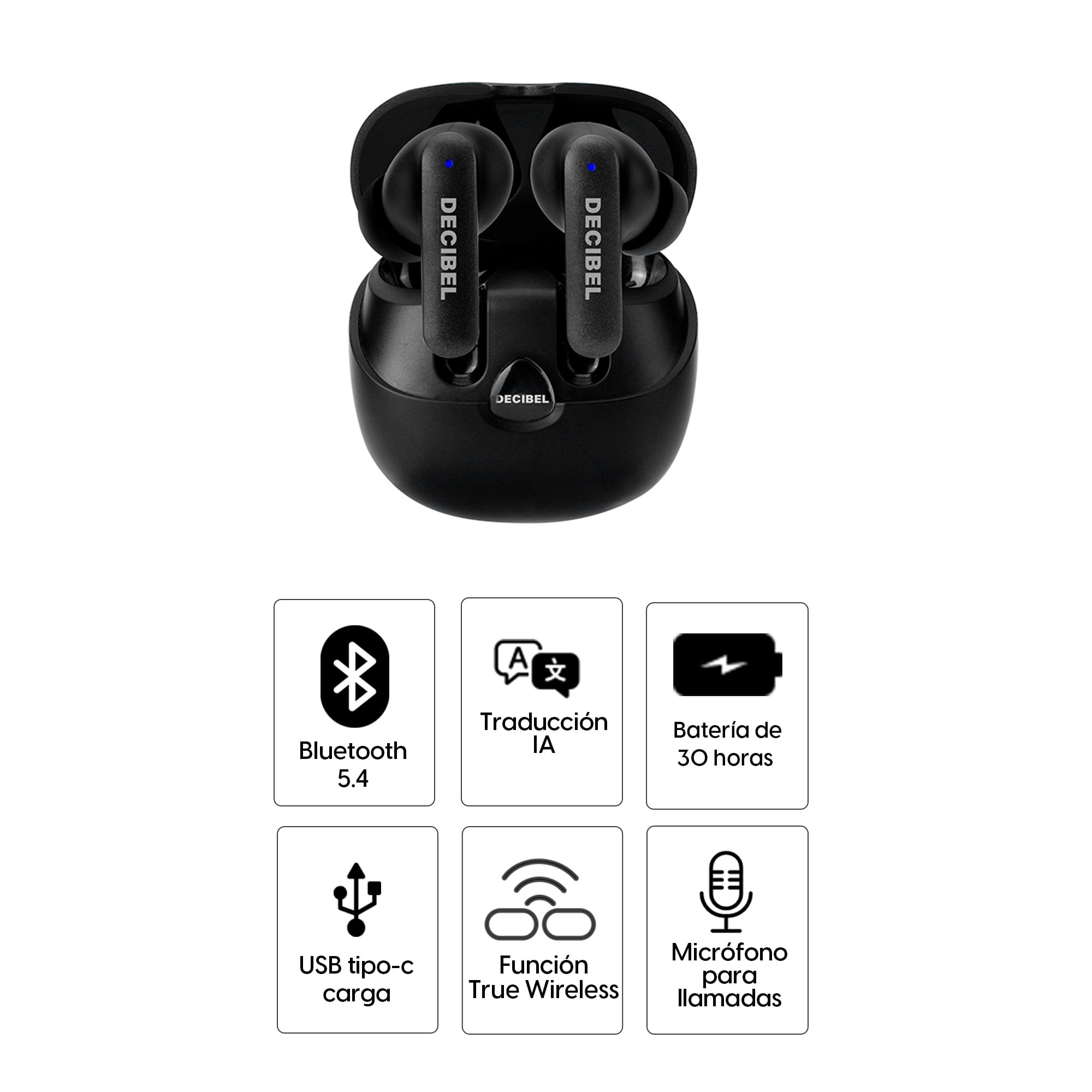 Imagen 2 del producto Audífonos bluetooth True Wireless Decibel Translator, traducción IA, hasta 30 horas, con estuche de carga, negro