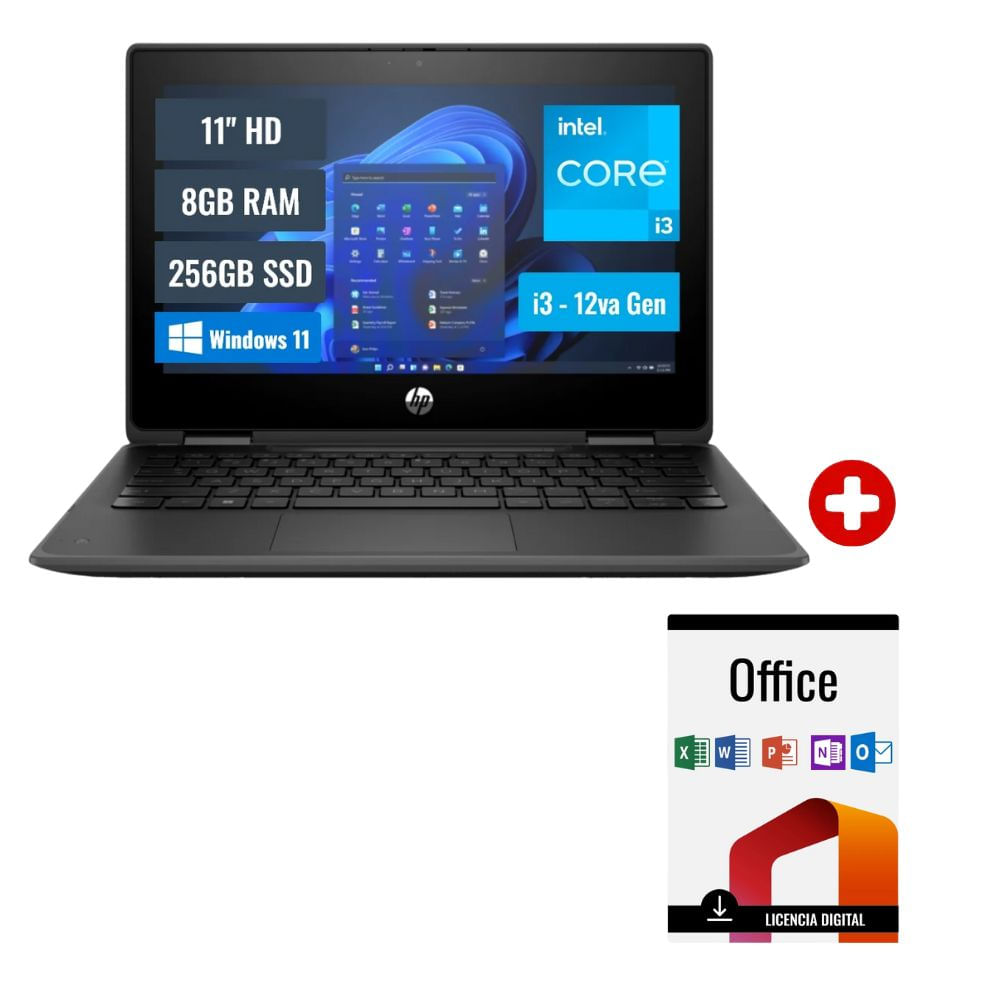 Combo: Laptop HP Pro x360 Fortis G10, 11" Intel Core i3 1210U, 256GB SSD, 8GB RAM, Windows 11 Pro, teclado español + Office