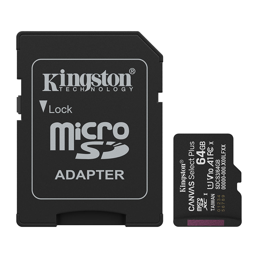 Tarjeta MicroSDXC Kingston Canvas Select Plus Gen3 64GB, A1, clase 10, 100 MB/s, incluye adaptador SD