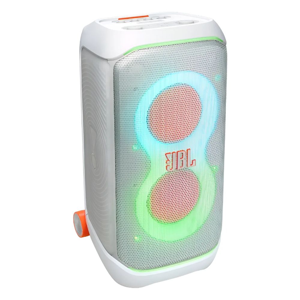 Parlante JBL PartyBox Stage 320 bluetooth, 240W, con luces, karaoke, batería reemplazable, blanco