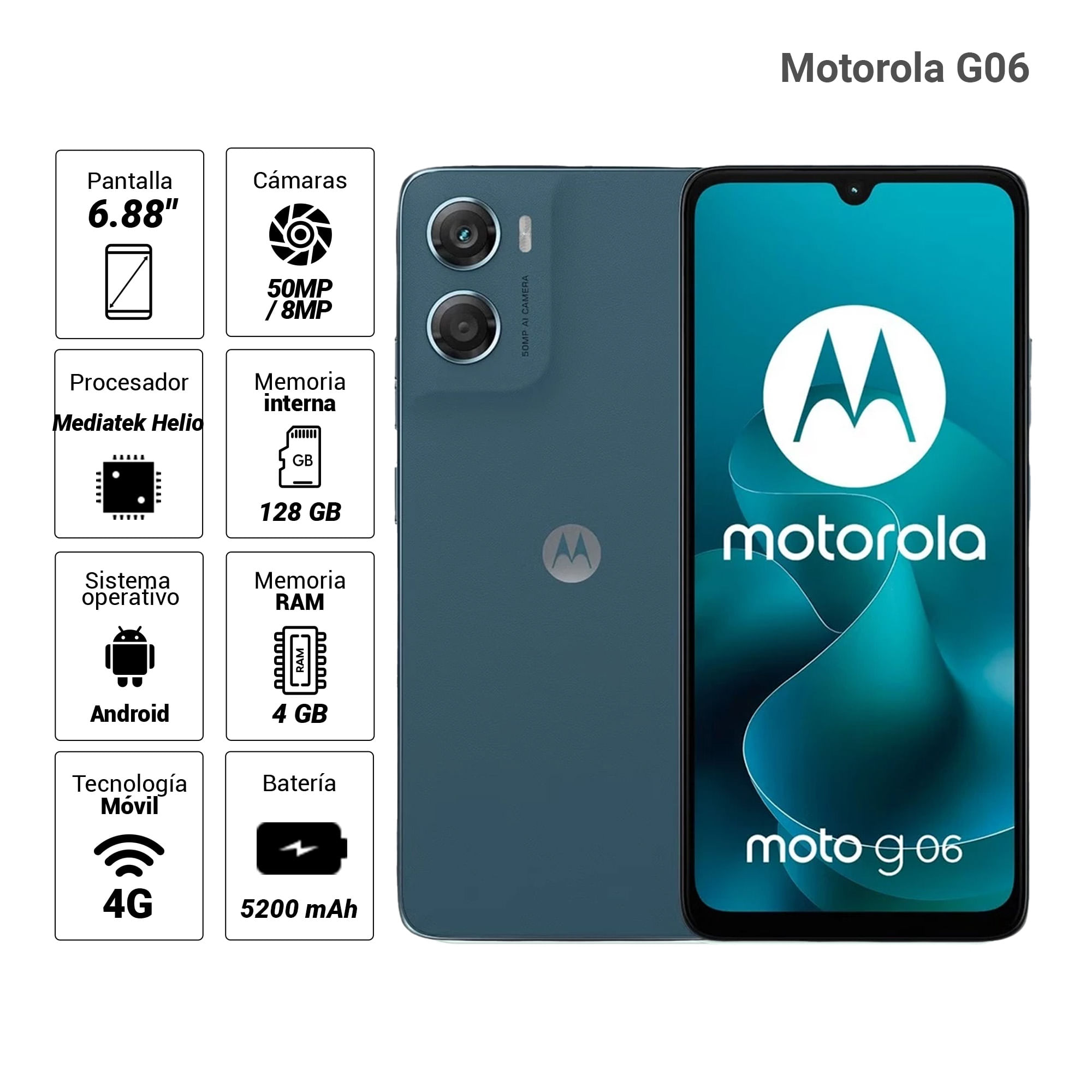 Imagen 2 del producto Celular Motorola G06 4G 128GB, 4GB RAM, cámara trasera 50MP y frontal 8MP, 6.88"", azul