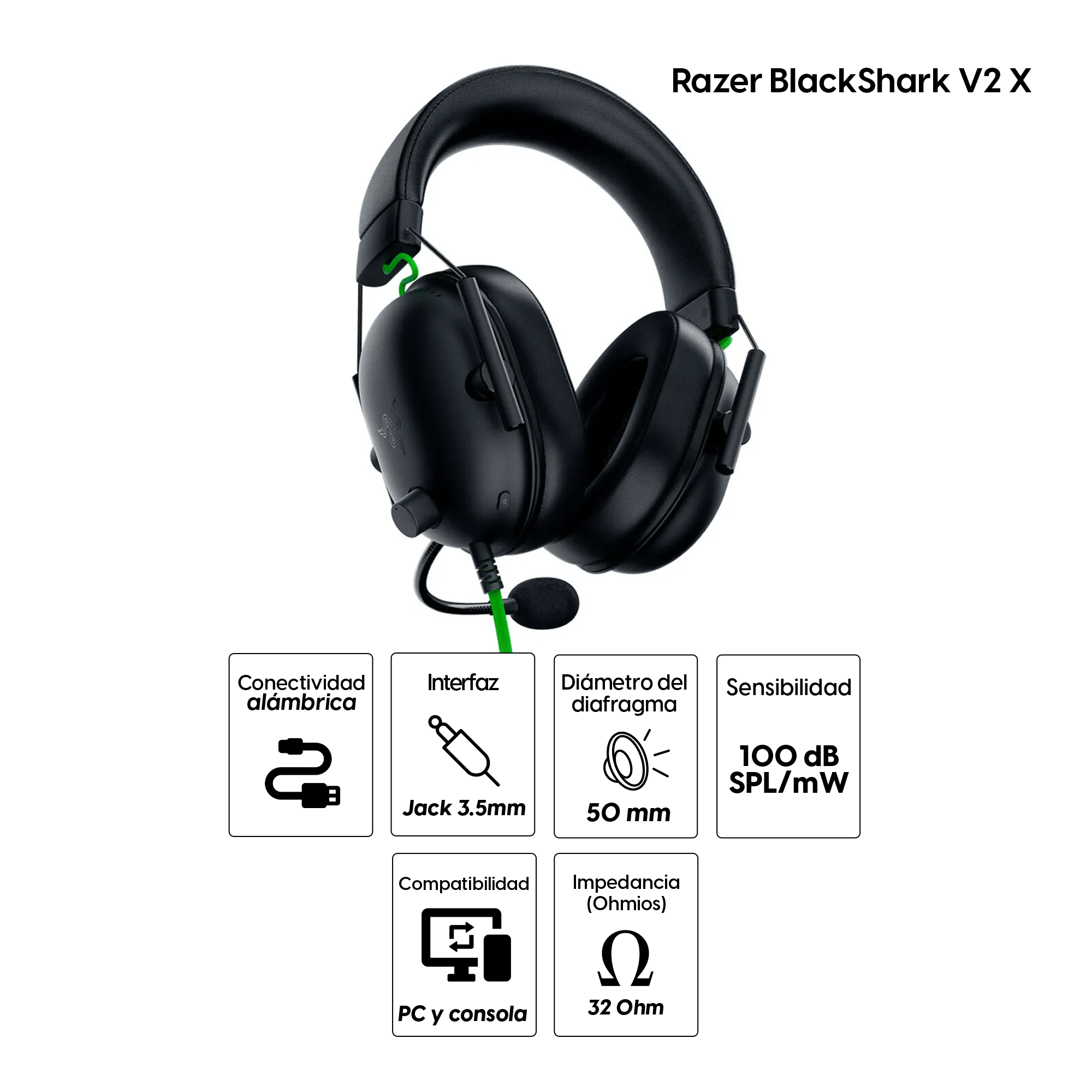 Imagen 2 del producto Audífonos gamer Razer BlackShark V2 X con micrófono, conexión 3.5 mm, 32 ohms, sensibilidad 100 dB, PC y consolas, negro