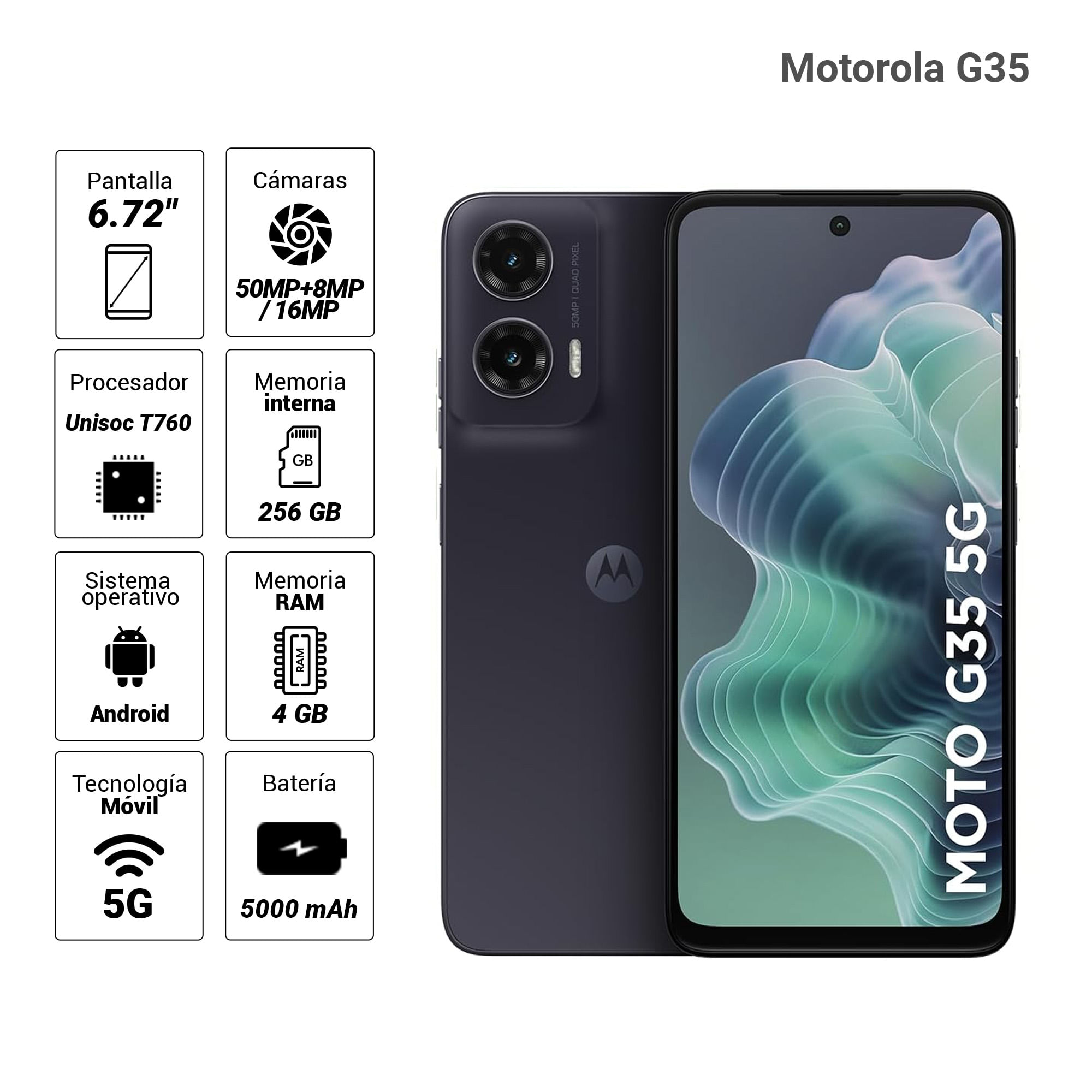 Imagen 2 del producto Celular Motorola G35 5G 256GB, 4GB RAM, cámara trasera 50MP y frontal 16MP, 6.72"", negro