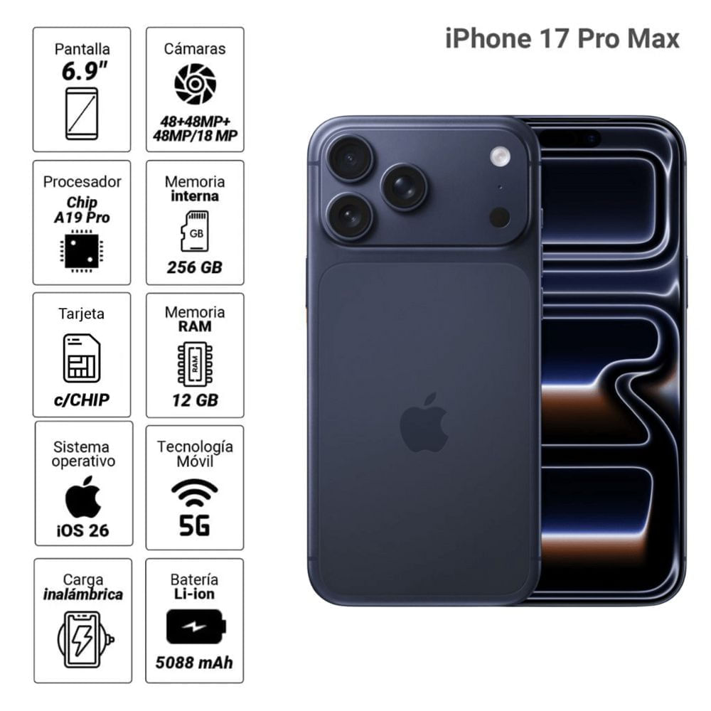 Imagen 2 del producto iPhone 17 Pro Max 5G 256GB, 12GB RAM, cámara trasera 48MP y frontal 18MP, 6.9"", deep blue