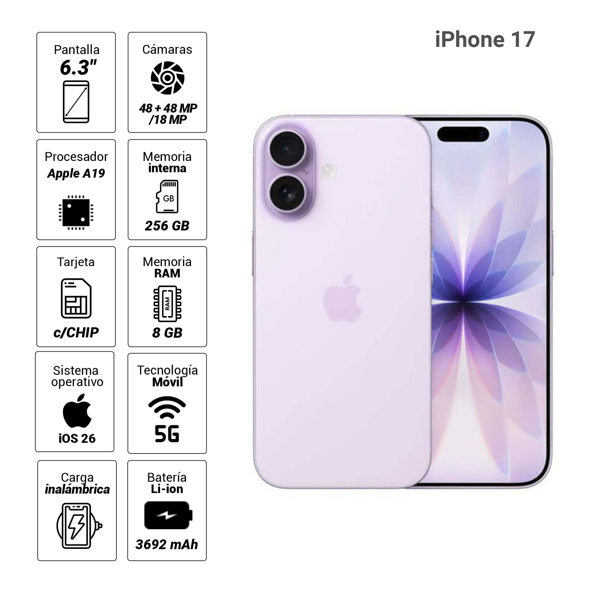 Imagen 2 del producto iPhone 17 5G 256GB, 8GB RAM, cámara trasera 48MP y frontal 18MP, 6.3″, lavender