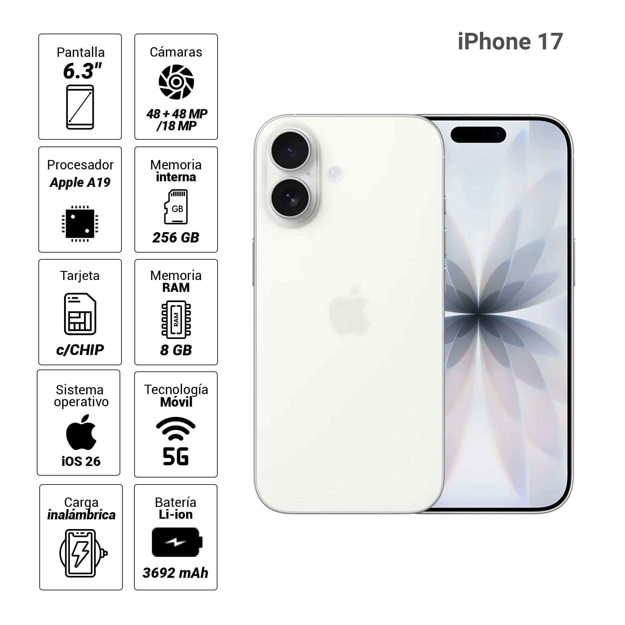 Imagen 2 del producto iPhone 17 5G 256GB, 8GB RAM, cámara trasera 48MP y frontal 18MP, 6.3″, white + cargador 20W