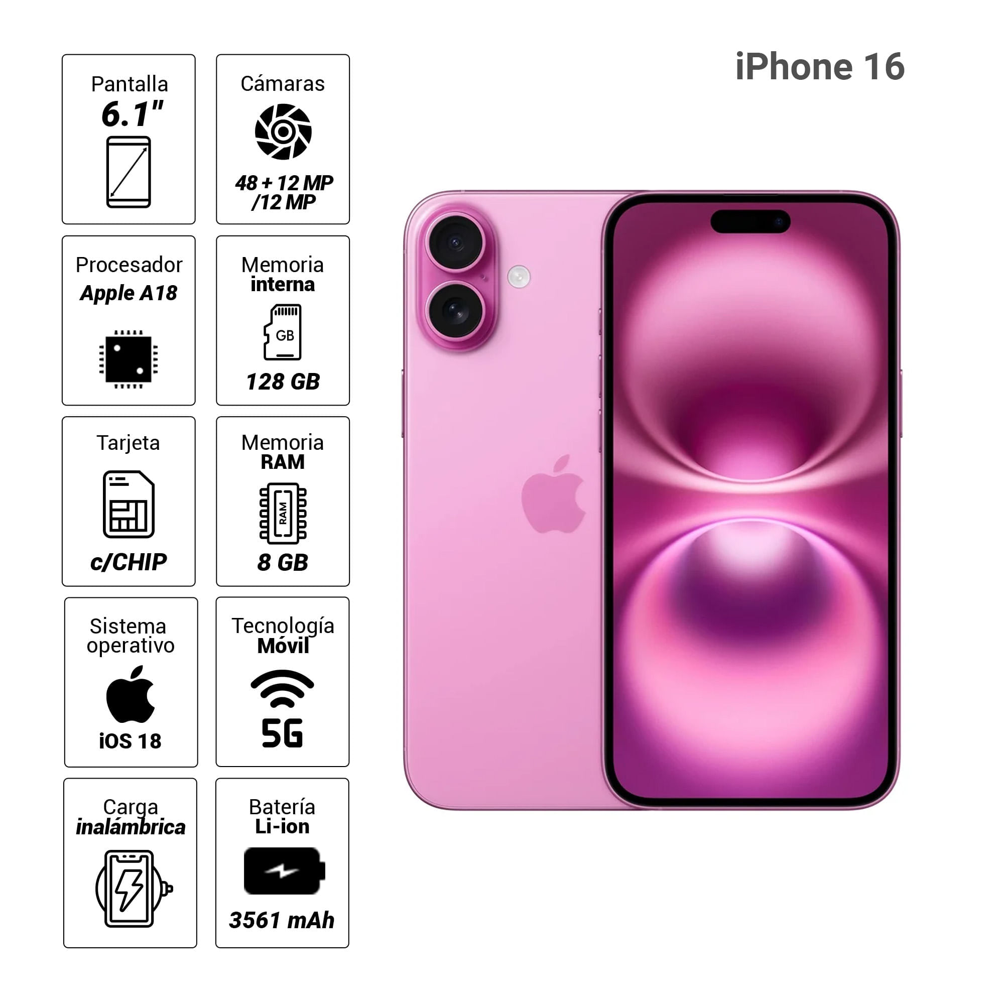 Imagen 2 del producto iPhone 16 5G 128GB, 8GB RAM, cámara trasera 48MP y frontal 12MP, 6.1"", pink + cargador 20W