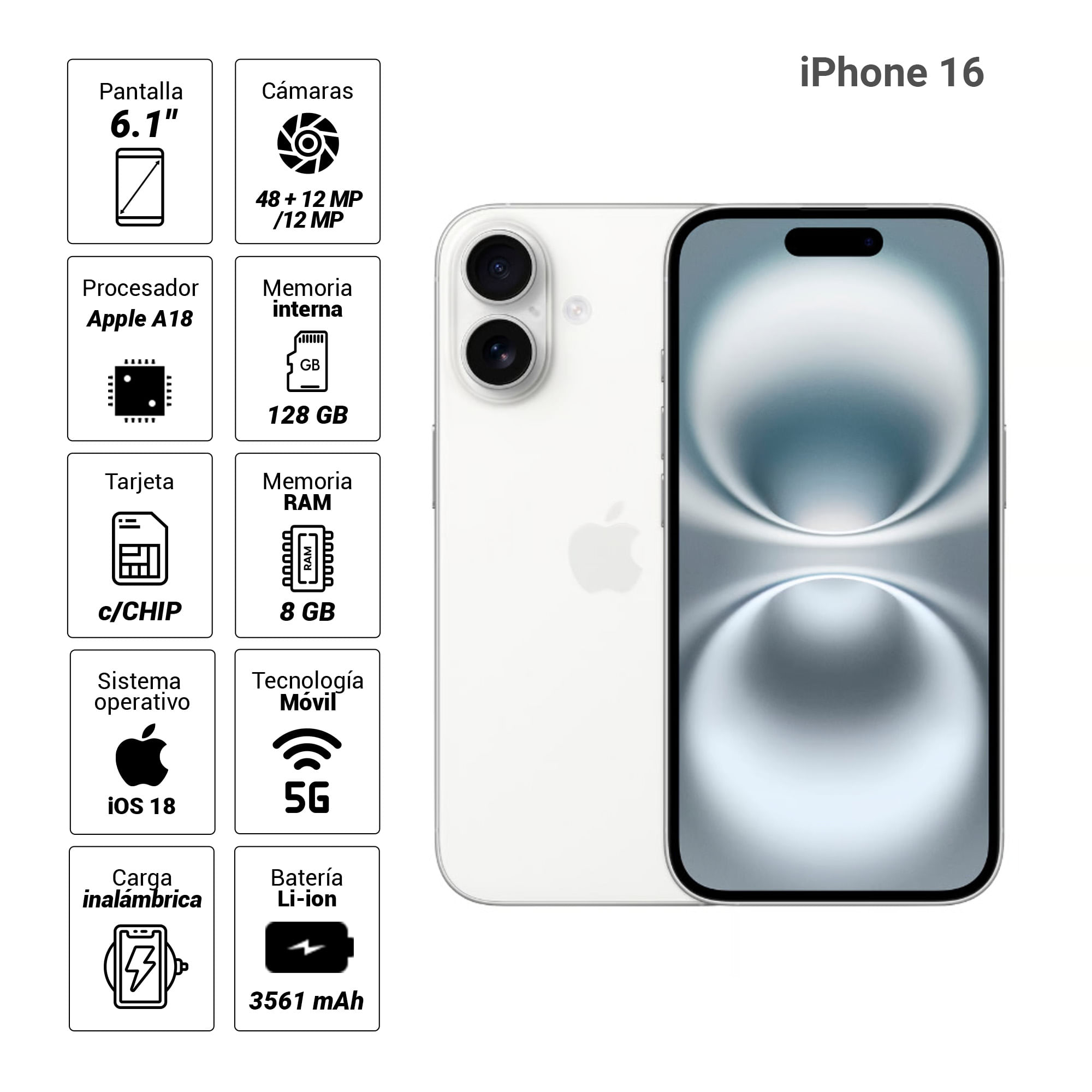 Imagen 2 del producto iPhone 16 eSIM 5G 128GB, 8GB RAM, cámara trasera 48MP y frontal 12MP, pantalla 6.1"", blanco, + cargador 20W