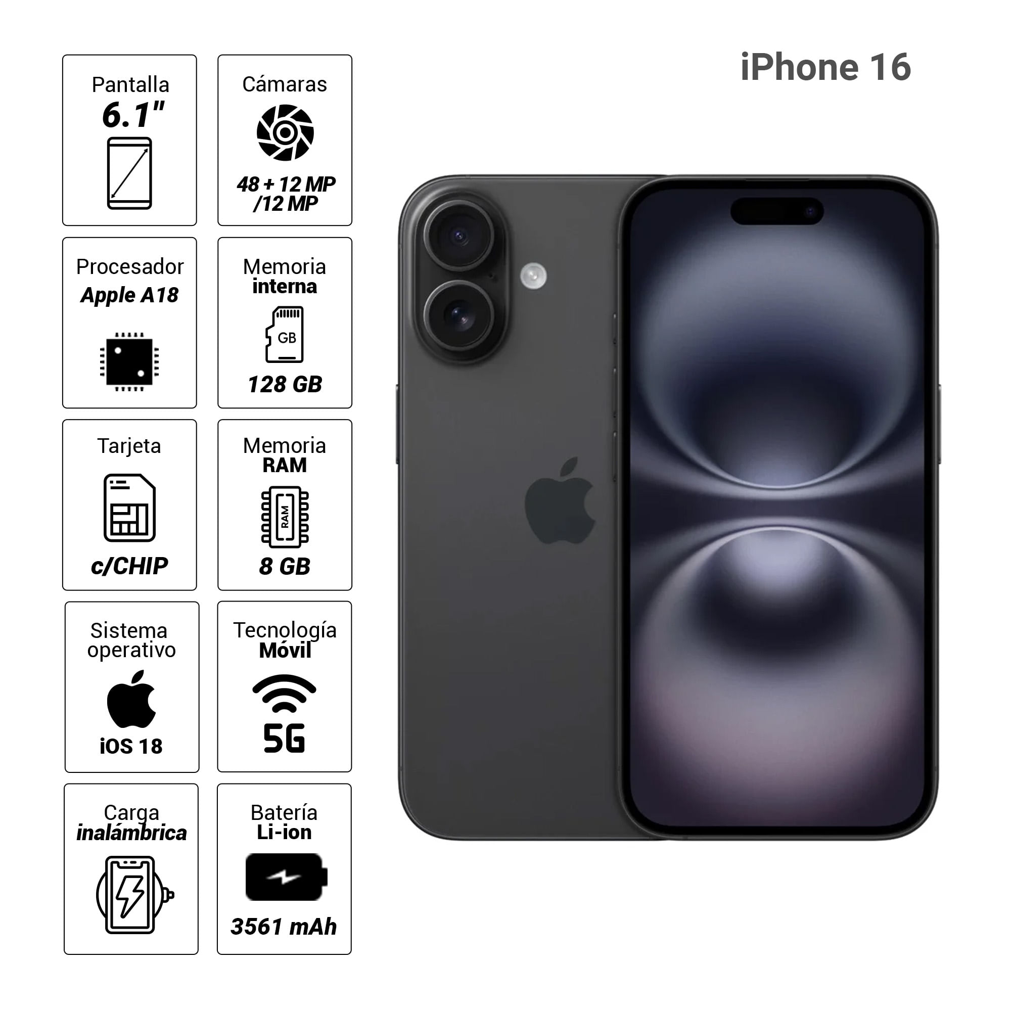 Imagen 2 del producto iPhone 16 eSIM 5G 128GB, 8GB RAM, cámara trasera 48MP y frontal 12MP, pantalla 6.1"", negro + cargador 20W