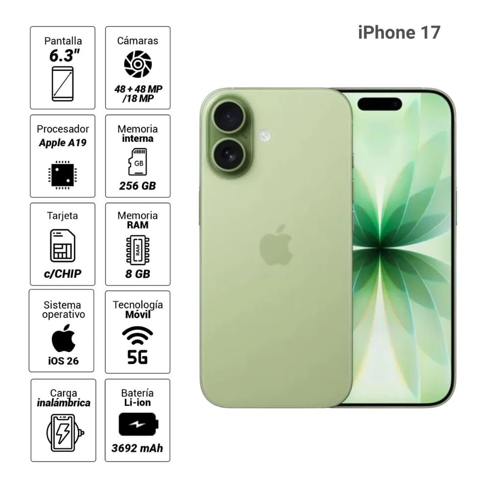 Imagen 2 del producto iPhone 17 5G 256GB, 8GB RAM, cámara trasera 48MP y frontal 18MP, 6.3"", sage + cargador 20W