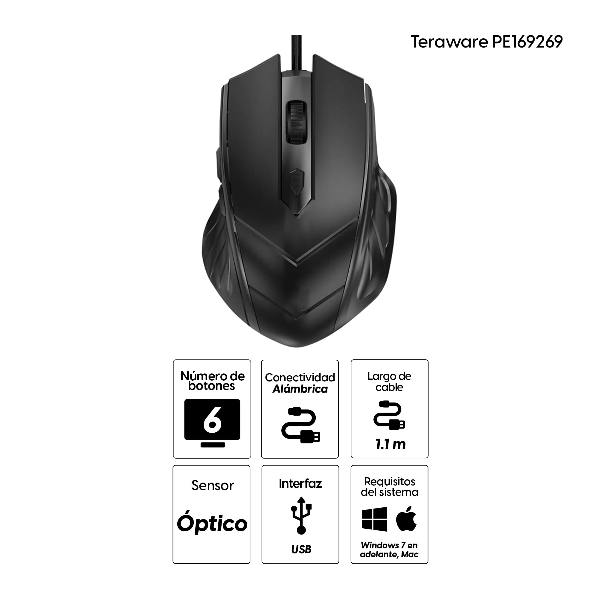 Imagen 2 del producto Mouse alámbrico Coolbox Teraware PE169269 Alámbrico Coolbox Teraware PE169269, conexión USB, 1000 dpi, 6 botones, negro